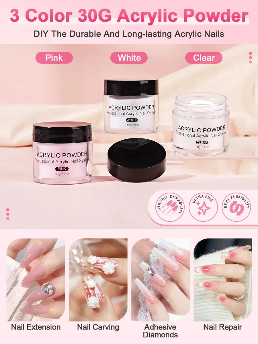 Yokilly Acrilico Para Uñas: Kit Uñas Semipermanentes Completo Con 80W UV LED Lámpara Limador De Uñas Electrico - Kit Uñas Acrilicas Con 3 Color 30G Polvo Acrilico Para Uñas