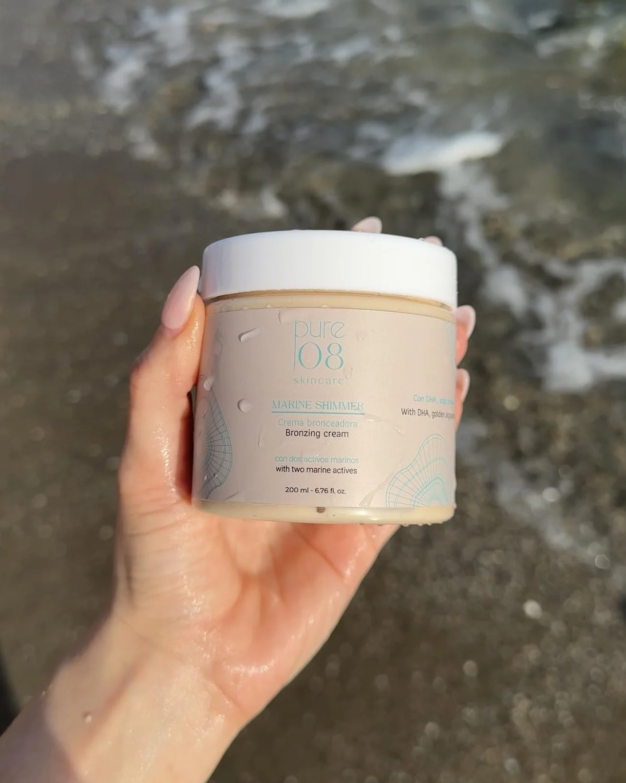08PURE Skincare Marine Shimmer, Crema Bronceadora Sublime con DHA, Activos Marinos, Absorción Rápida, Tono Uniforme, 200ml