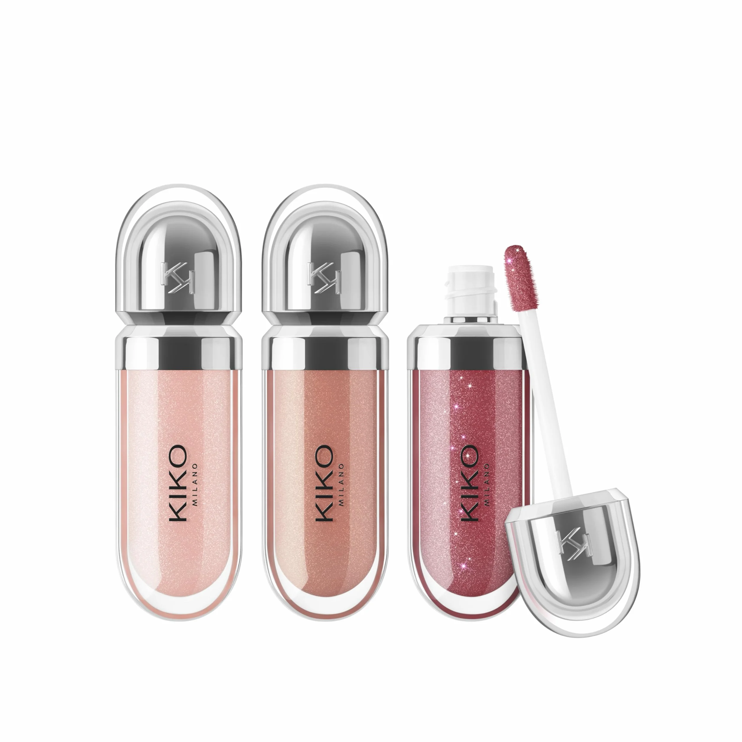 KIKO Milano Glossy Lip Set 03, Kit De Labios: 3 Brillos De Labios Hidratantes Efecto Volumen 3D