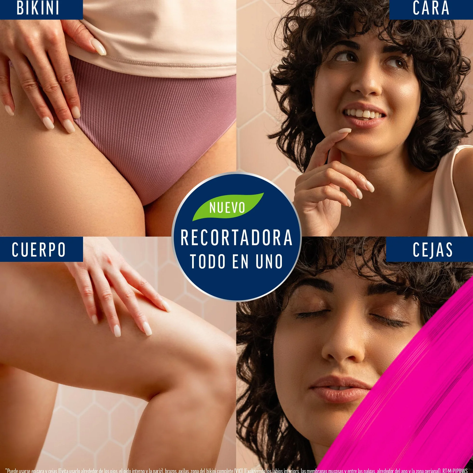 Veet Recortadora Todo en Uno, Bikini y Cuerpo Completo, Cara y Cejas, Rasuradora Mujer Zona Íntima Resistente al Agua, Con 2 Cabezales y 4 Peines para precisión, con Cargador USB