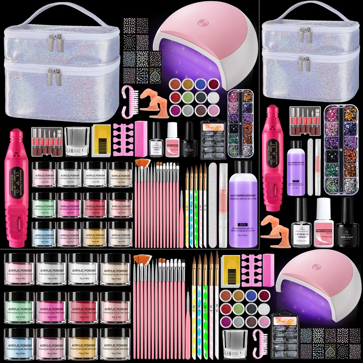 Kit de Uñas Acrílicas para Principiantes Completo: 12 Colores Acrilico Para Uñas con Dedo de Práctica Taladro Lámpara UV - Kit Uñas Semipermanentes Extensión Manicuracon Bolsa Glitter