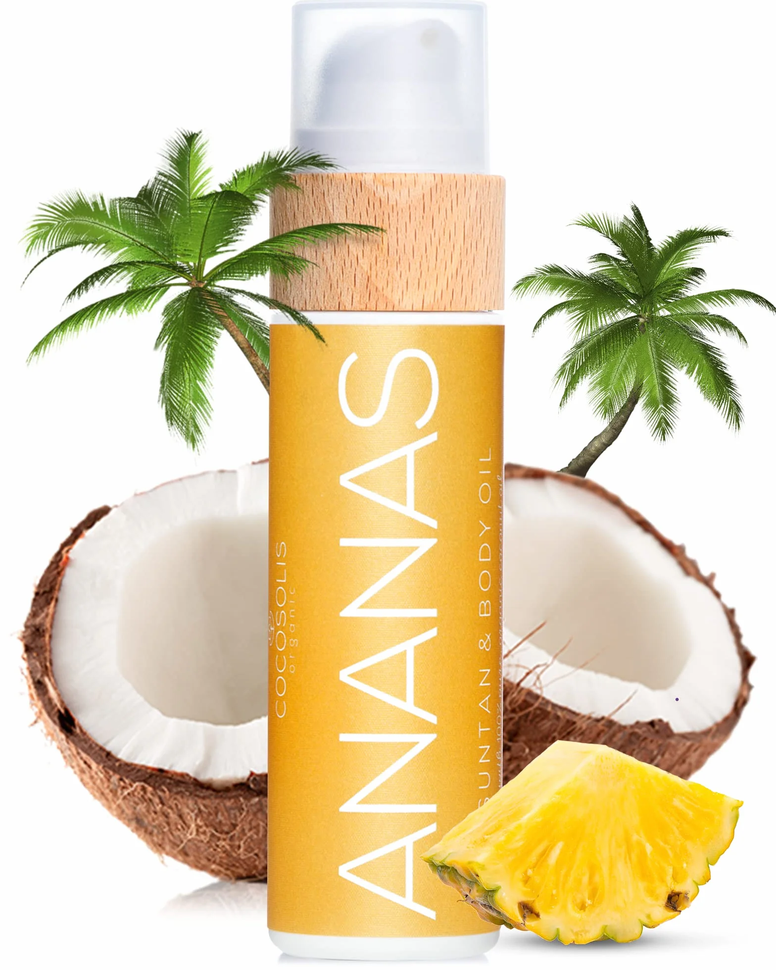 COCOSOLIS ANANAS Acelerador del bronceado - aceite de bronceado orgánico con vitamina E y aroma de piña para un bronceado intensivo rápido de chocolate - loción corporal nutritiva (110 ml)