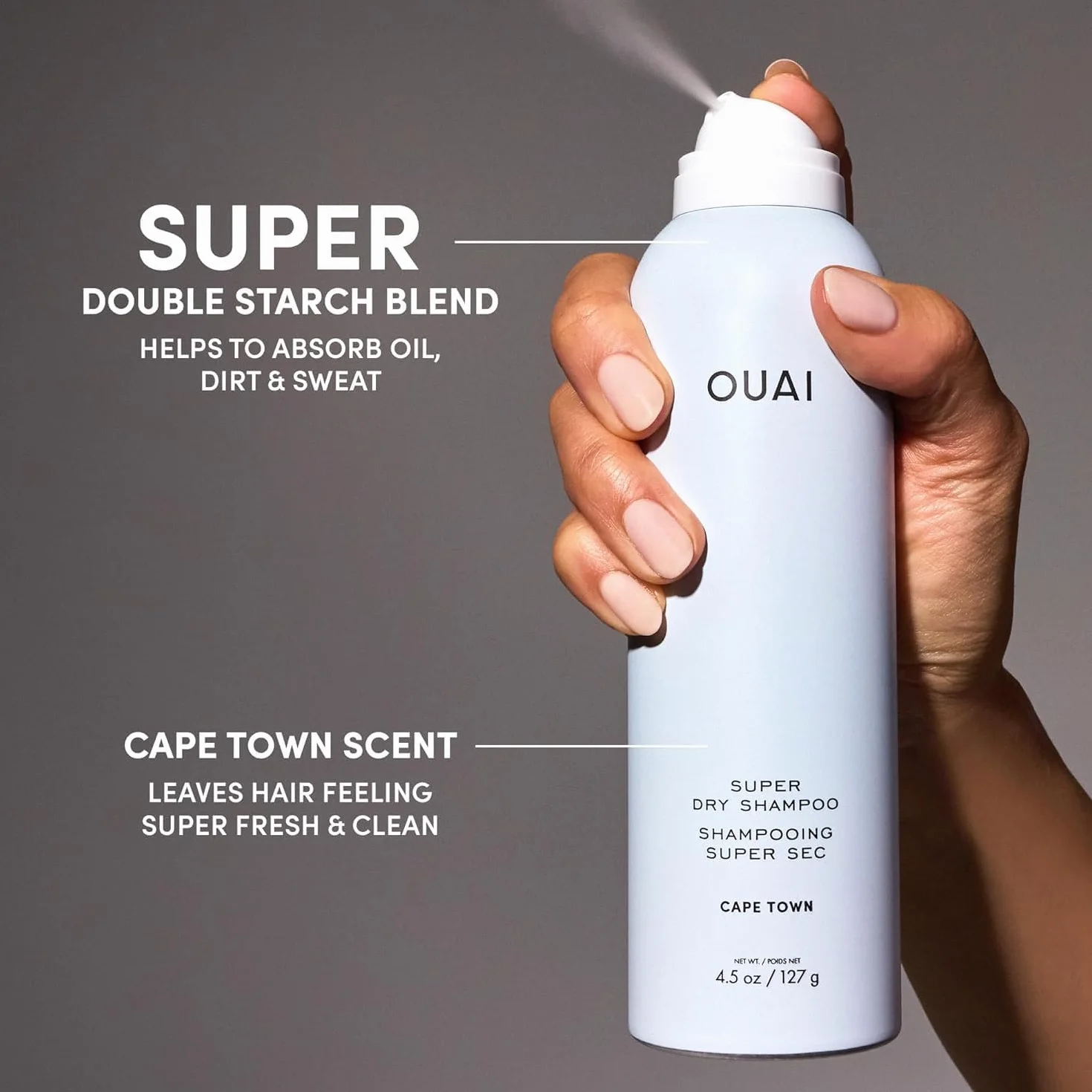 OUAI Super Dry Shampoo - Champú en seco voluminizador - Absorbe grasa, suciedad y sudor - Se integra en el cabello sin residuos y con un aroma duradero - Cape Town (127g)