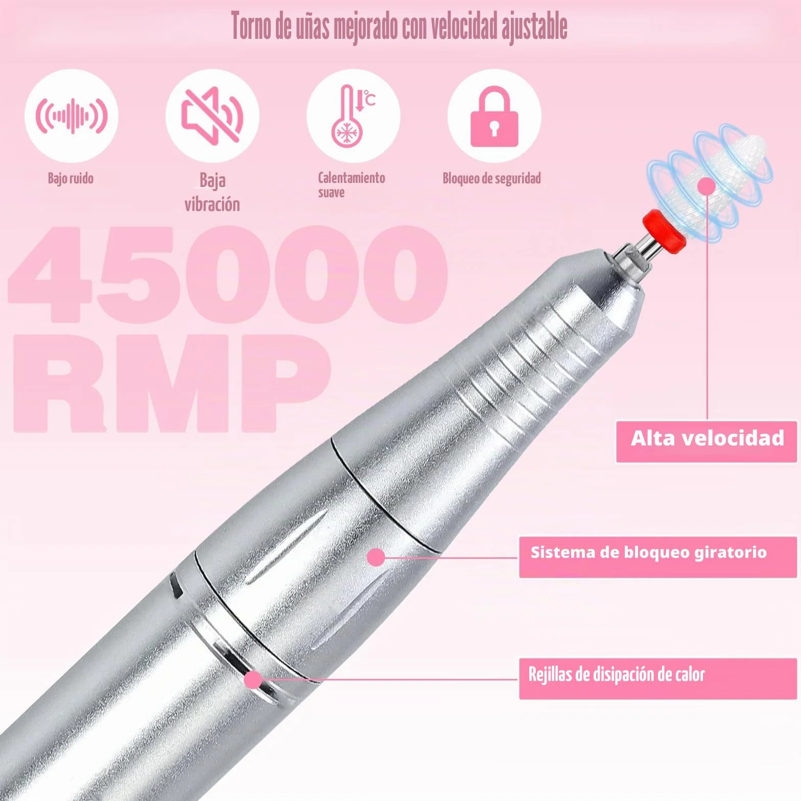 Torno Para Uñas Profesional 45000 Rpm, 12 En 1 Lima Uñas Electrica, Con Velocidad Ajustable, Recargable, Portátil, Para Uña De Gel Y Acrílicas, Manicura Y Pedicura,Salón Y Uso Doméstico