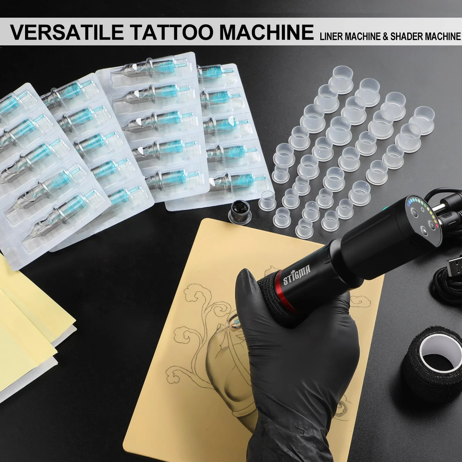 STIGMA Pro Maquina de Tatuar con Bateria 1400 mAh,20Pcs Agujas de Cartuchos de Tattoo, Wireless Tattoo Kit Complete