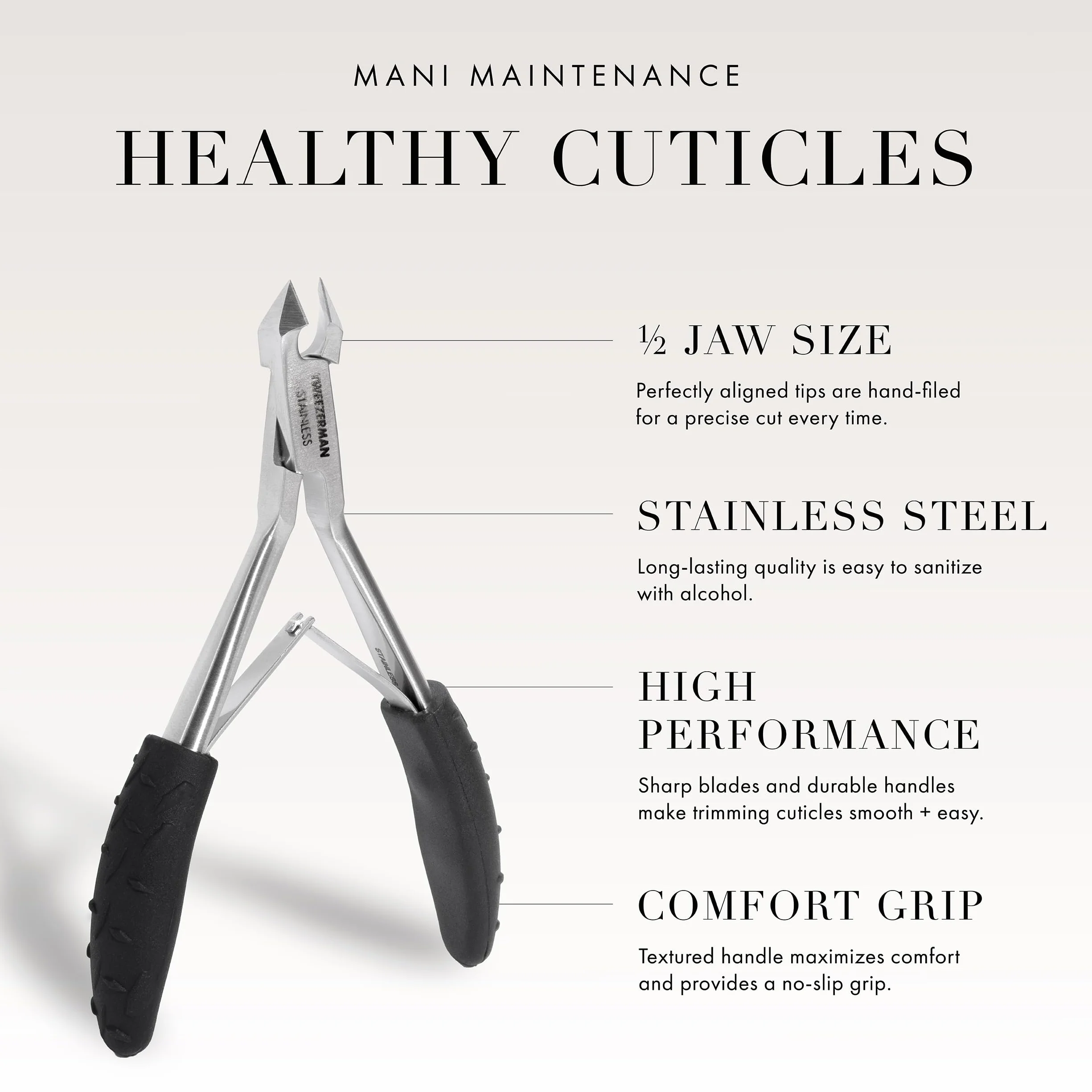 TWEEZERMAN Alicate para cutículas (eliminación precisa de cutículas, diseño ergonómico, hojas afiladas a mano, acero inoxidable)