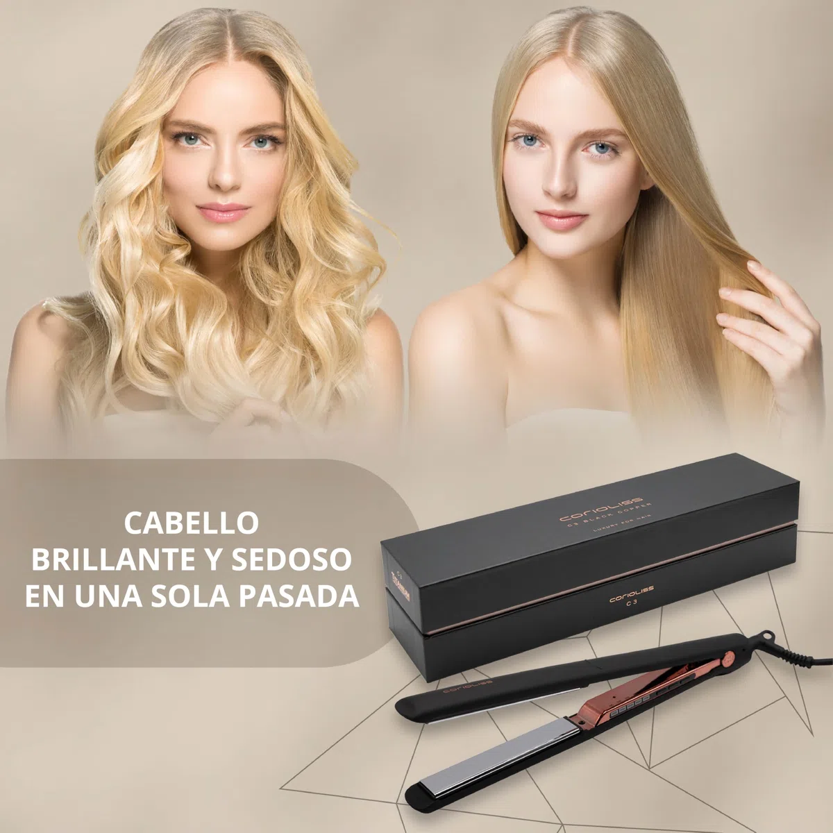 Corioliss C3 | Plancha del pelo Profesional | Placas extralargas de titanio | Alisado y Ondas | Temperatura ajustable 135º-235º | Calentamiento 20 seg | Con funda de Viaje | Black Copper