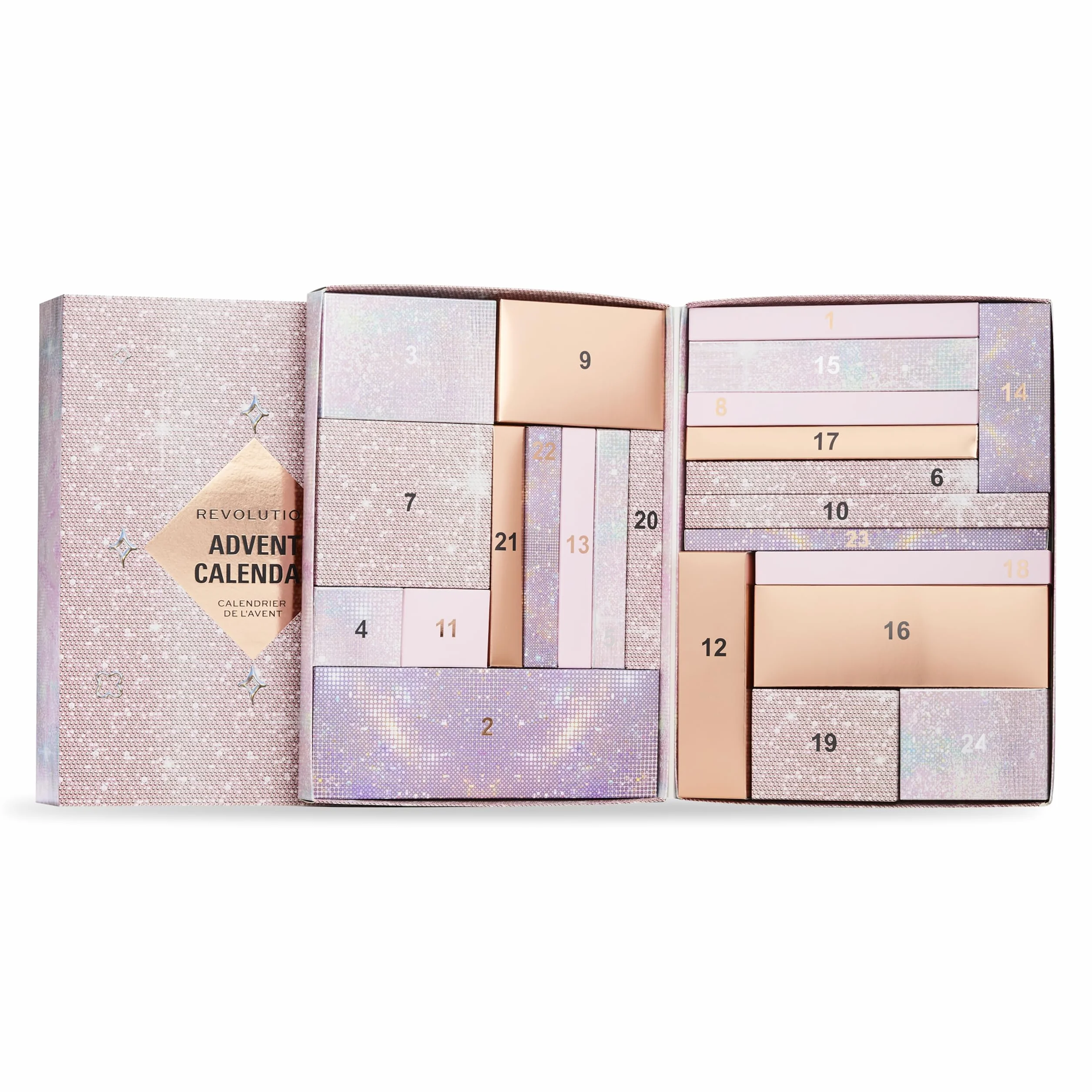 Revolution Beauty Calendario de Adviento de 24 productos, Set de Regalo con Brillo de Labios, Máscaras Labiales, Pinceles y Gel para Cejas, Vegano y Libre de Crueldad