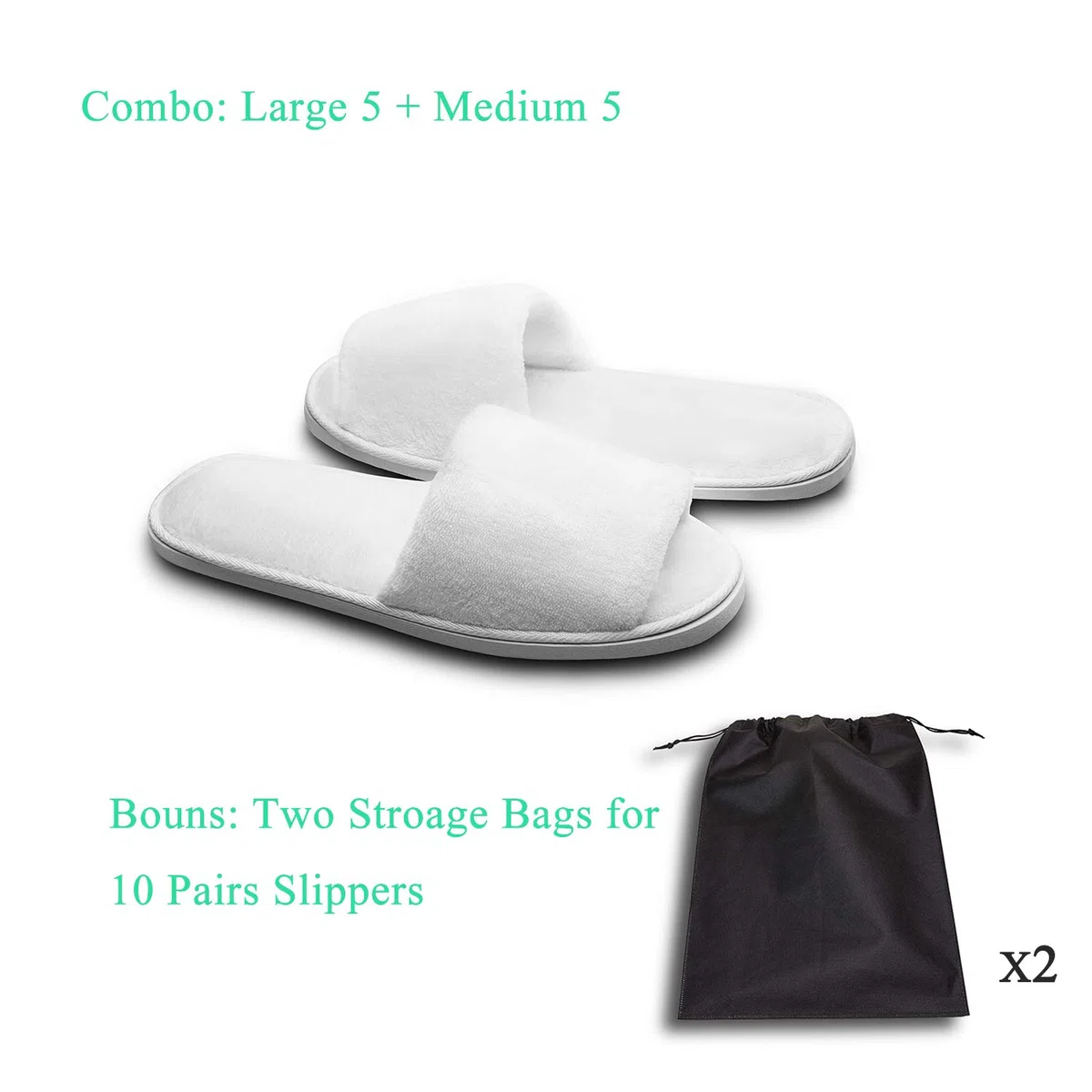 AhfuLife 10 pares de pantuflas de hotel, no desechables, de dos tamaños, lavables, blancas, para spa, invitados de fiesta y viajes, unisex (M + L, blanco)