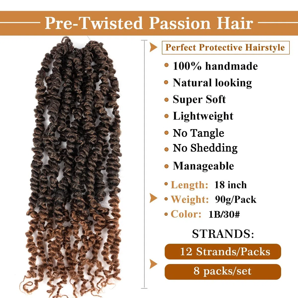 Passion Twist Hair Pretwisted Passion Twist Crochet Hair 18 pulgadas 8 paquetes Prelooped Crochet Hair YDDM Crochet Passion Twist Hair Prelooped Crochet Hair Extension (18 pulgadas, 1B/30#)
