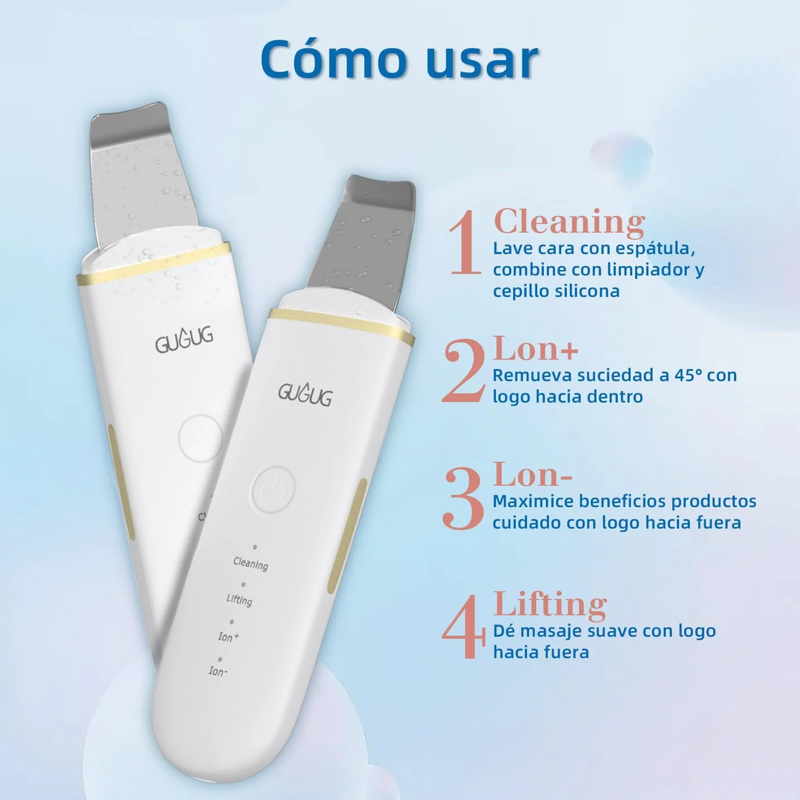 GUGUG Peeling Ultrasónico Facial, Skin Scrubber, Limpiador Facial, Exfoliación de Cara 4 Modos para Limpiar los Poros y Cuidar la Piel, USB Recargable, Dispositivo de Belleza