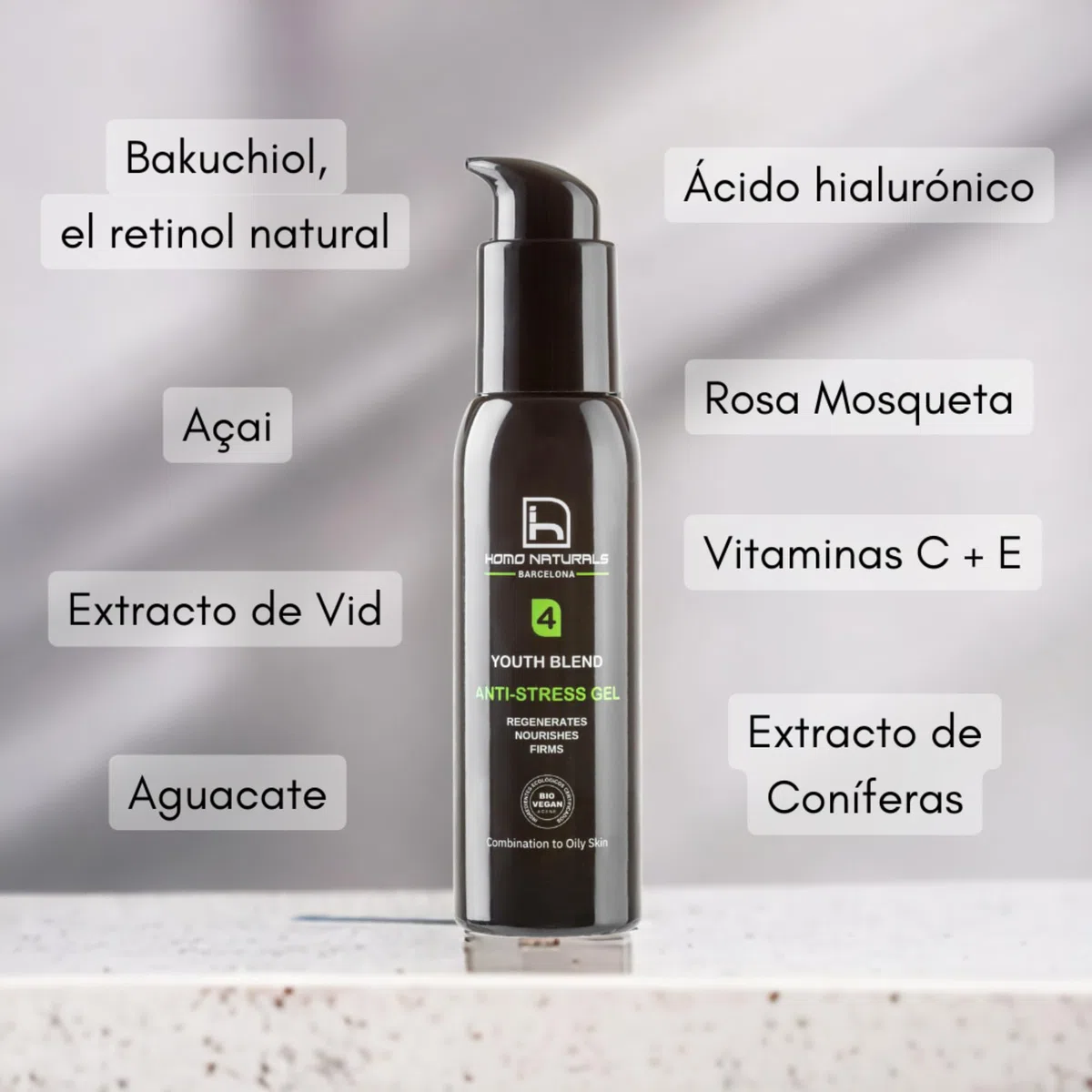 Homo Naturals Gel antiarrugas hombre Natural - Hidratante facial hombre ácido hialuronico y Bakuchiol - Crema cara hombres - Crema antiedad - Tratamiento facial ideal piel grasa - 100 ml (Gel)