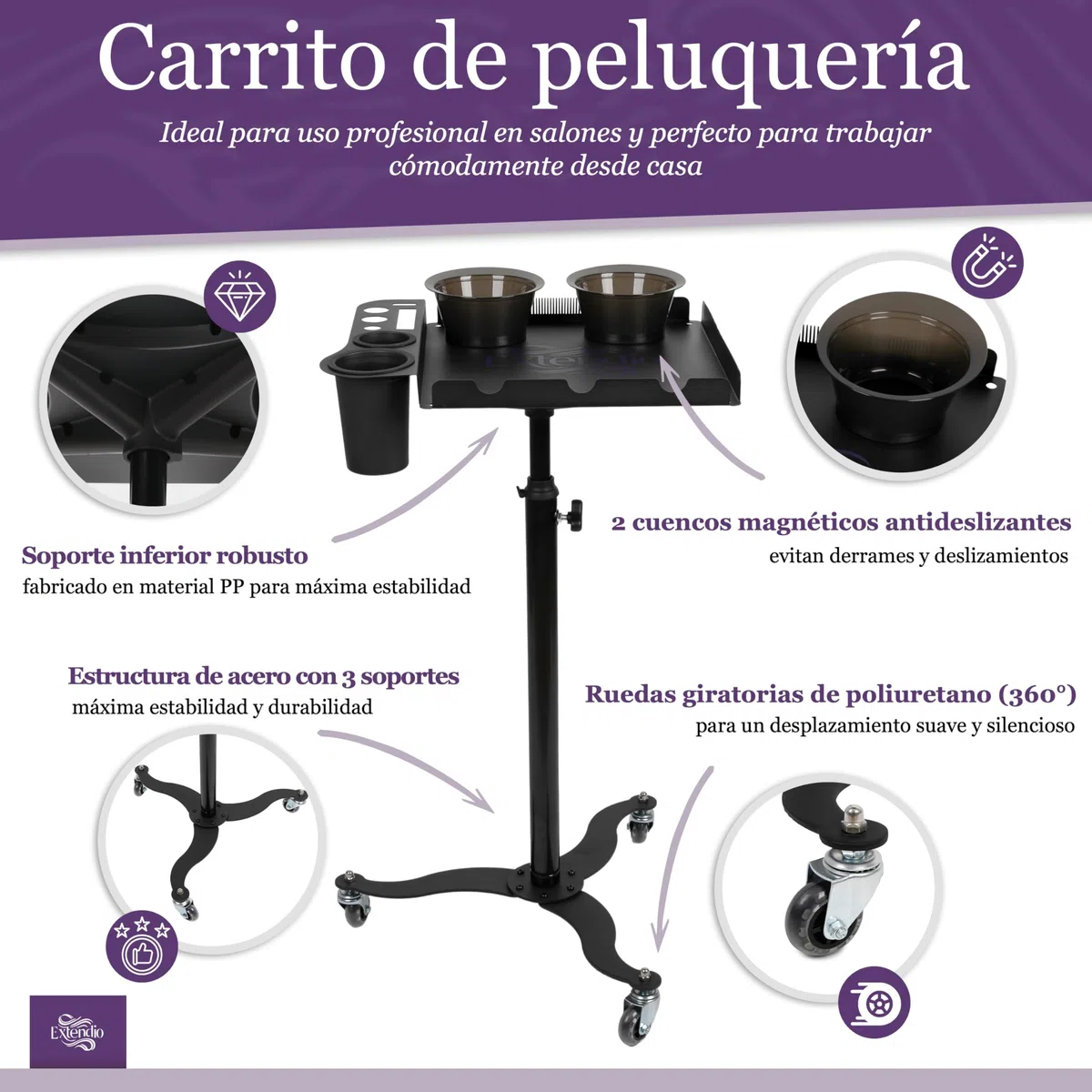 Carrito de peluquería Profesional – móvil y Ajustable en Altura. Bandejas Resistentes al Calor, Cuencos magnéticos y Soporte para Extensiones – Ideal para Salones de Belleza y estilistas móviles