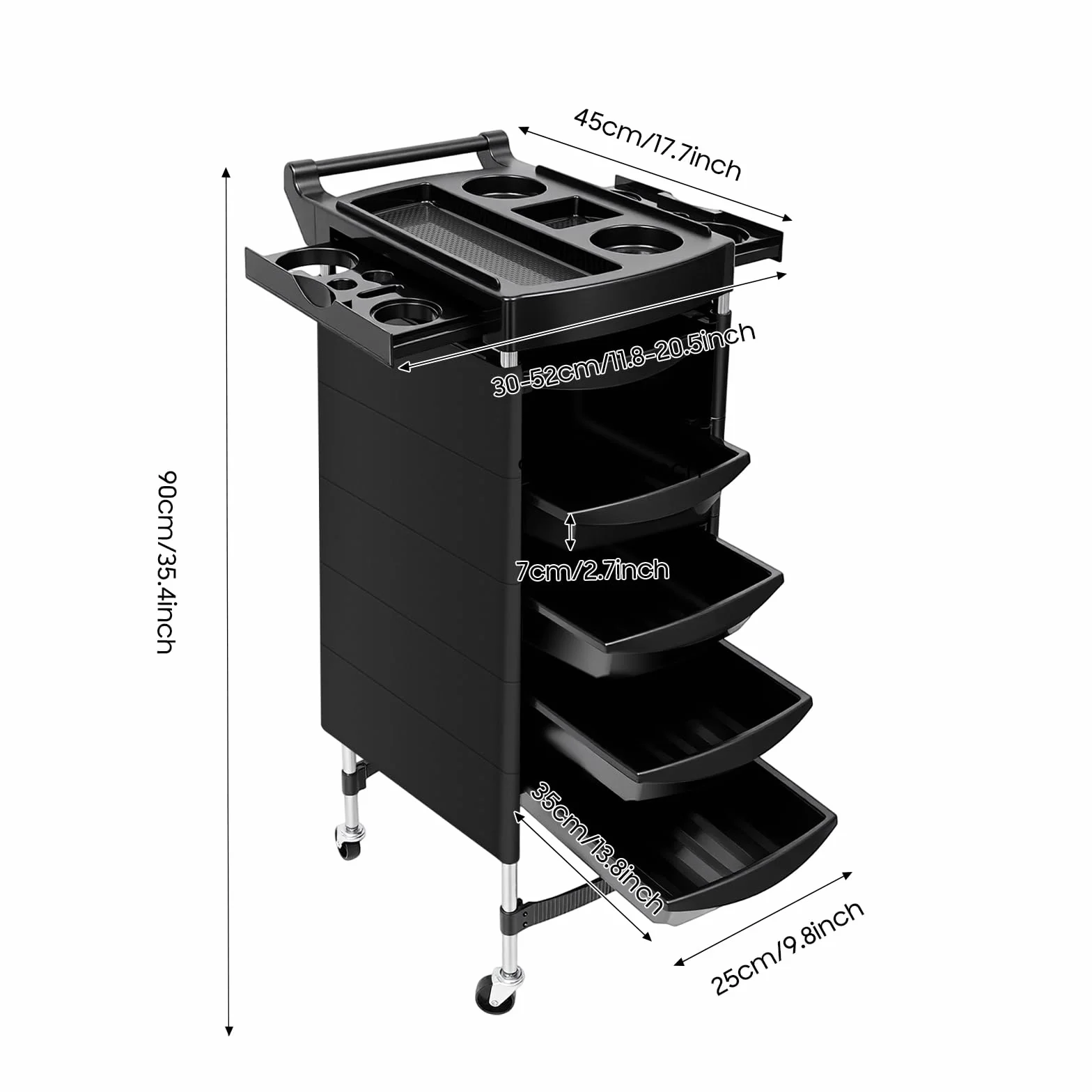 Carro de Peluquería Negro, Carro con Ruedas, Lavacabezas Peluqueria con 5 Cajones y Ruedas 360°, Bandeja Superior 30kg, Carros de Mantenimiento con Ruedas, para Salón de Belleza y Hogar