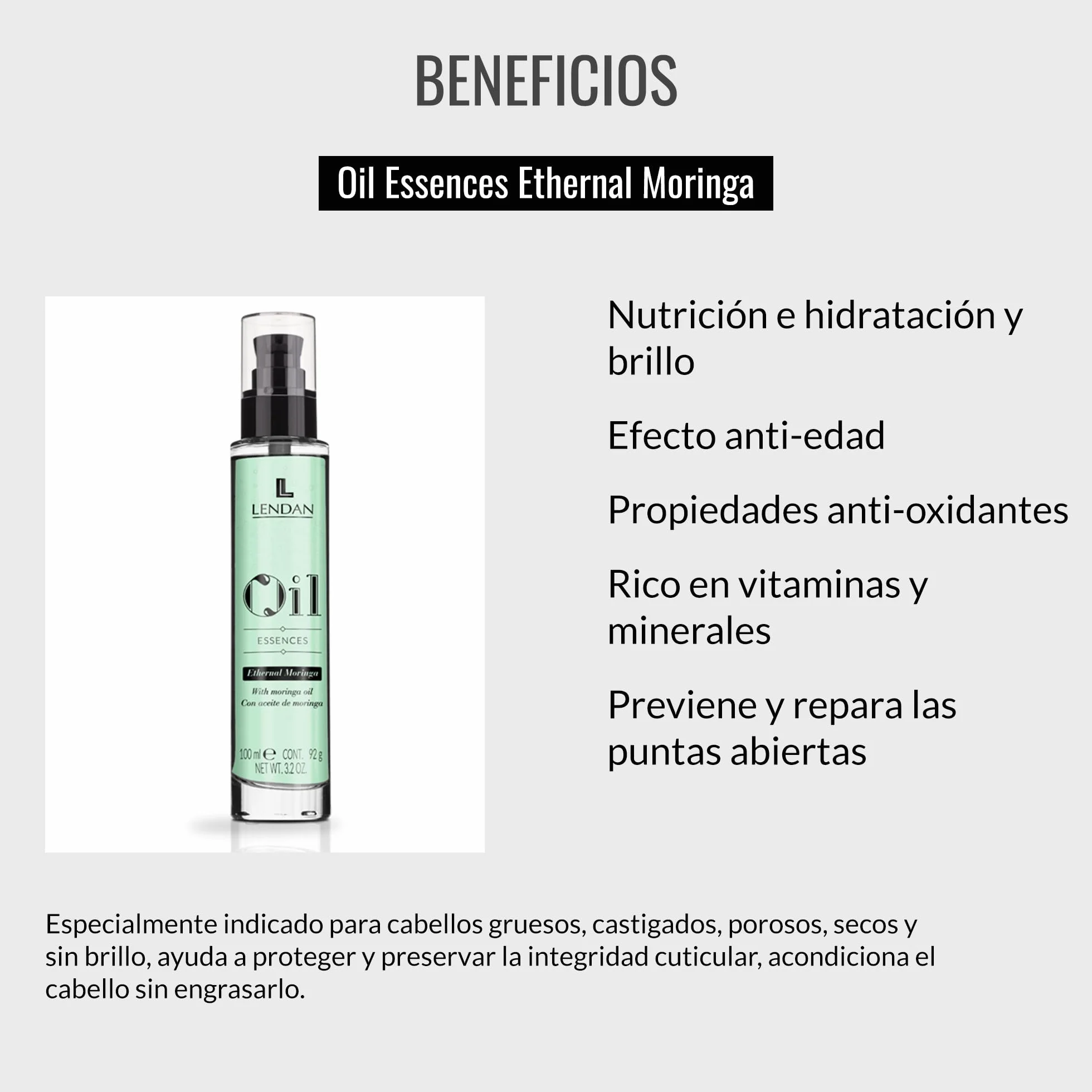 LENDAN - Aceite Capilar con Aceite de Moringa - 100 ml - Sérum para el Cabello - Rejuvenecedor Capilar - Hidrata, Nutre y Aporta Fuerza al Cabello