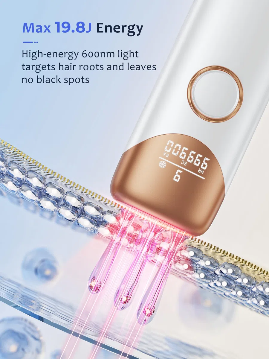 Depiladora Laser con 5℃ Función de Refrigeración, IPL Depiladora Luz Pulsada con 9 Niveles de Energía, Depilacion Laser 600-1200 NM Luz Roja, Hair Removal Mujer y Hombre Bikini Axilas Cara Blanco