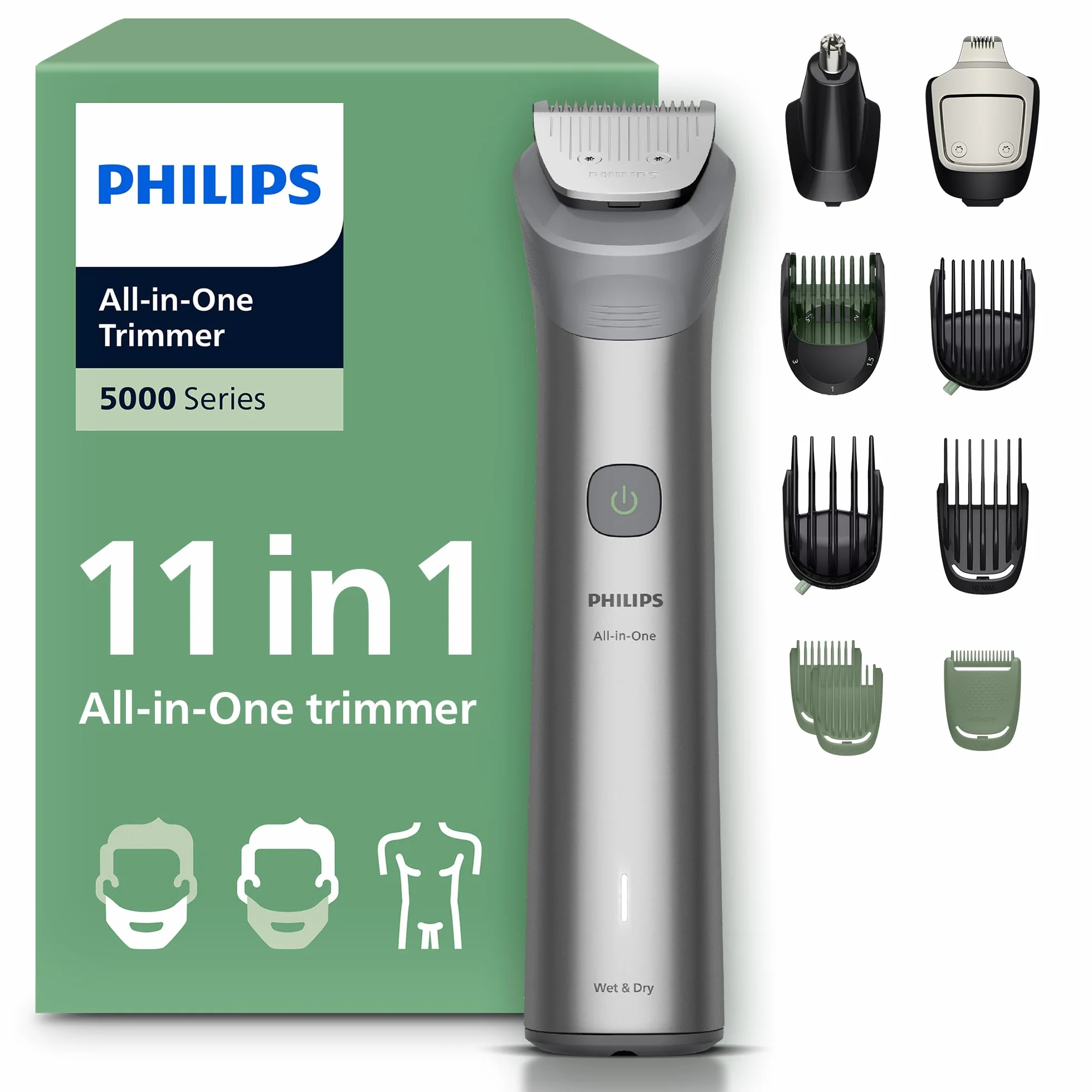 Philips Recortadora todo en uno de 11 en 1 Serie 5000 - Afeitadora y cortapelos hombre para rostro, cabeza y cuerpo, cuchillas de acero autoafilables, 17 longitudes, recargable, MG5951/15