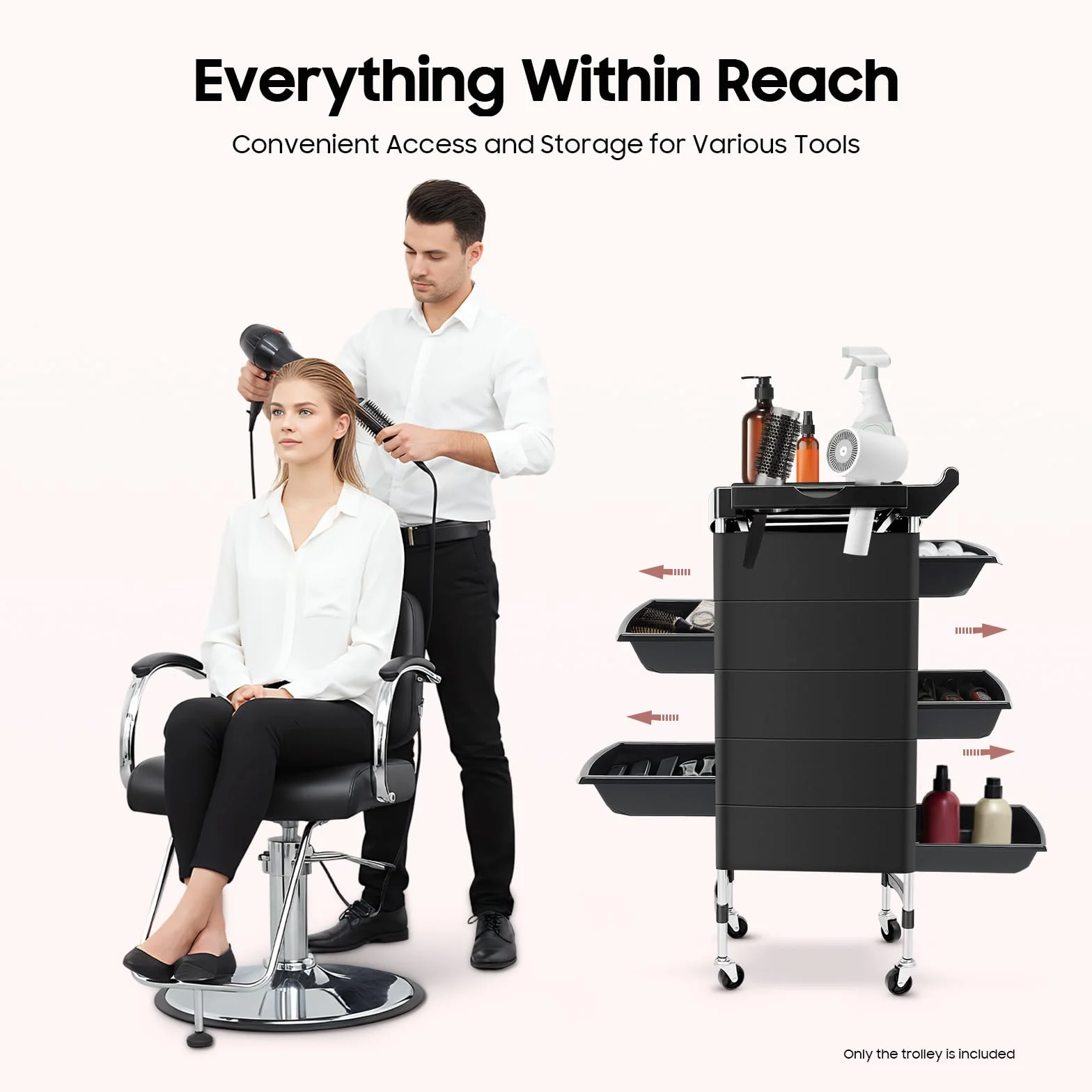 Carro de Peluquería Negro, Carro con Ruedas, Lavacabezas Peluqueria con 5 Cajones y Ruedas 360°, Bandeja Superior 30kg, Carros de Mantenimiento con Ruedas, para Salón de Belleza y Hogar