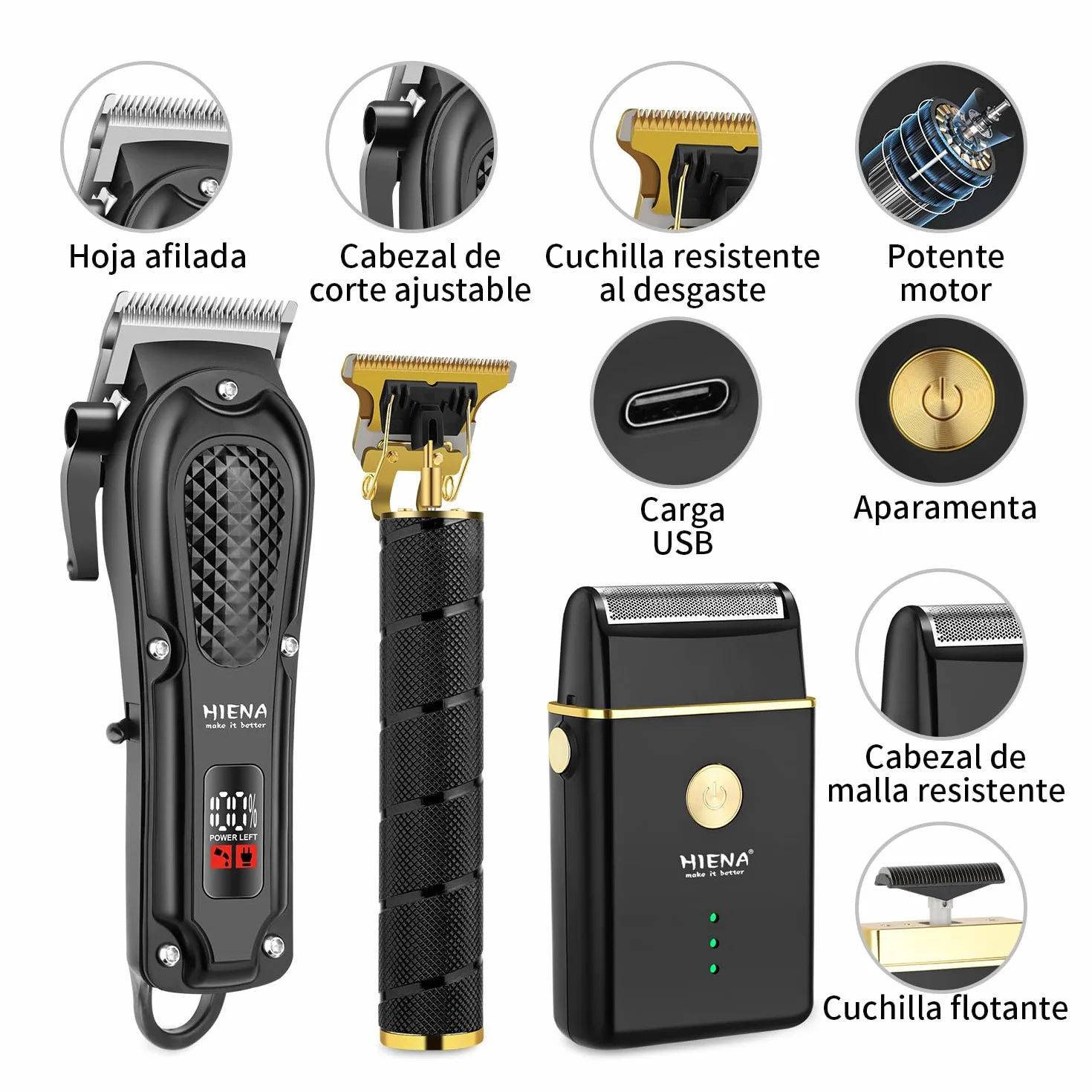 HIENA PRO Maquina de Cortar Pelo Inalámbrico Cortapelos Recortador de Barba Kit Completo 3 Piezas