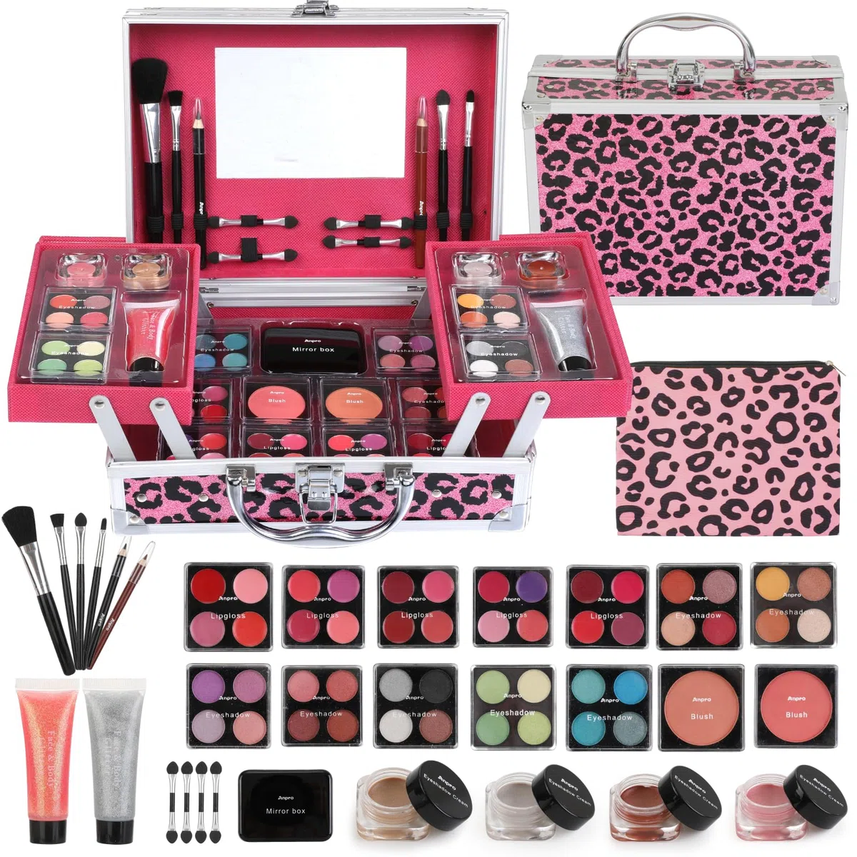 Anpro Estuche de Maquillaje Todo en Uno con Diseño Leopardo, Incluye Set de Maquillaje Profesional para Adolescentes, Pinceles, Paleta de Sombras, Regalo Ideal para Niñas - Rosa Leopardo