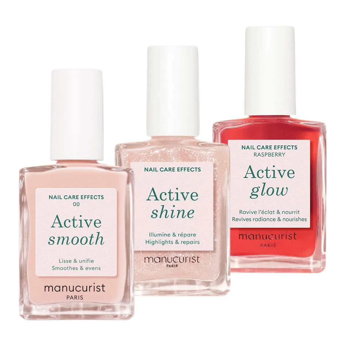 Manucurist Active Icons Trio Pintauñas Set : Esmaltes de Uñas Active con Smooth 00, Shine y Glow Raspberry - Fortalecedores de Uñas, Abrillantadores y Cuidado - Regalo Mujer