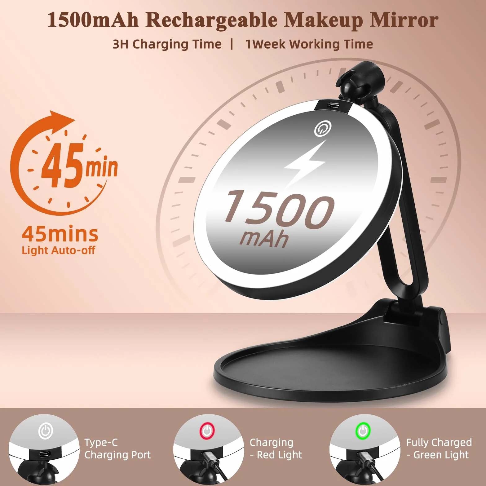 Espejo de maquillaje con aumento iluminado 30X/1X, espejo de maquillaje de doble cara con aumento 1X/30X y 3 luces de colores, espejo de escritorio recargable con aumento 30X y rotación de 360°