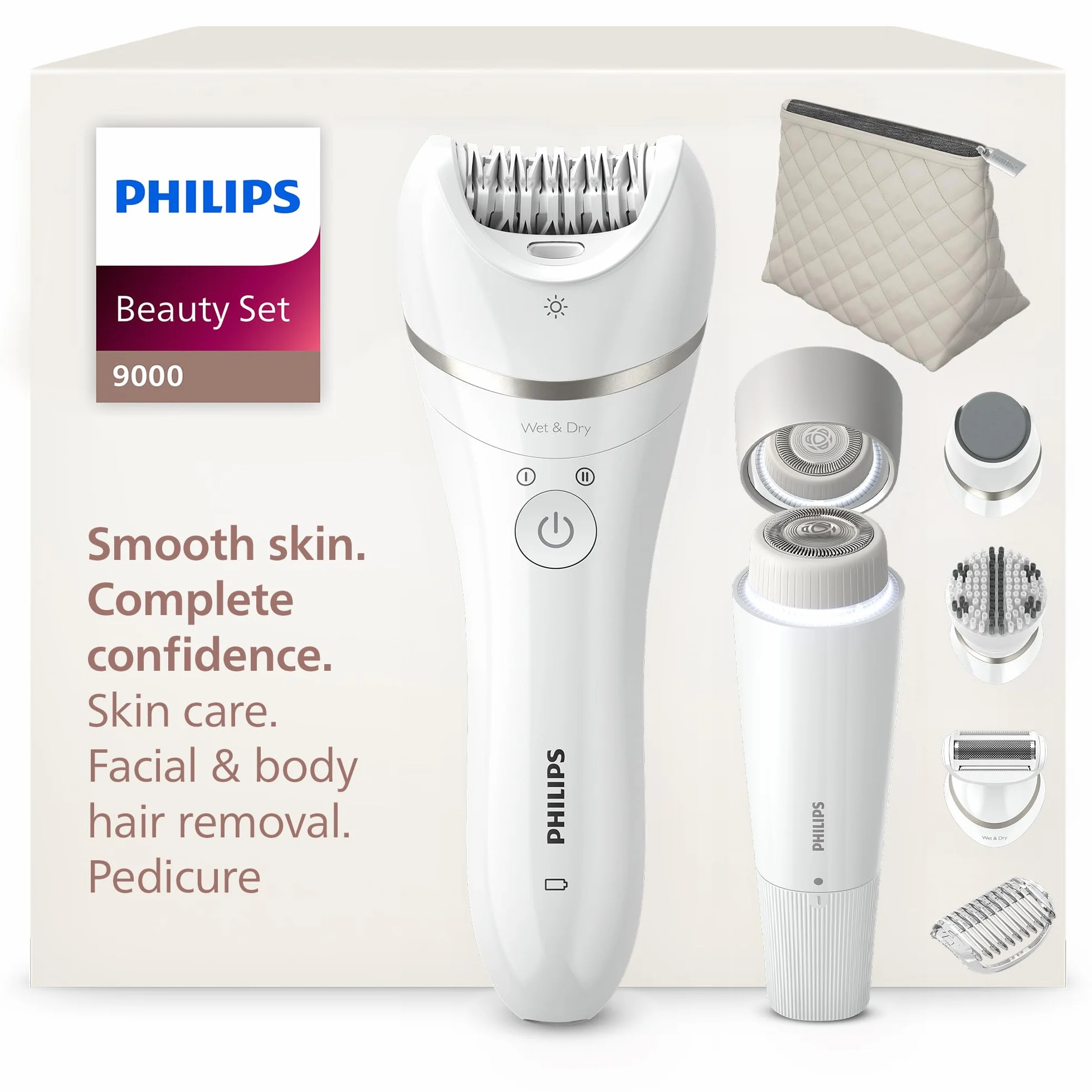 Philips Beauty Set Serie 9000 - Set de belleza todo en uno para el cuerpo, la cara y los pies, depiladora inalámbrica, para uso en seco y en mojado, con 6 accesorios, Modelo BRE770/92