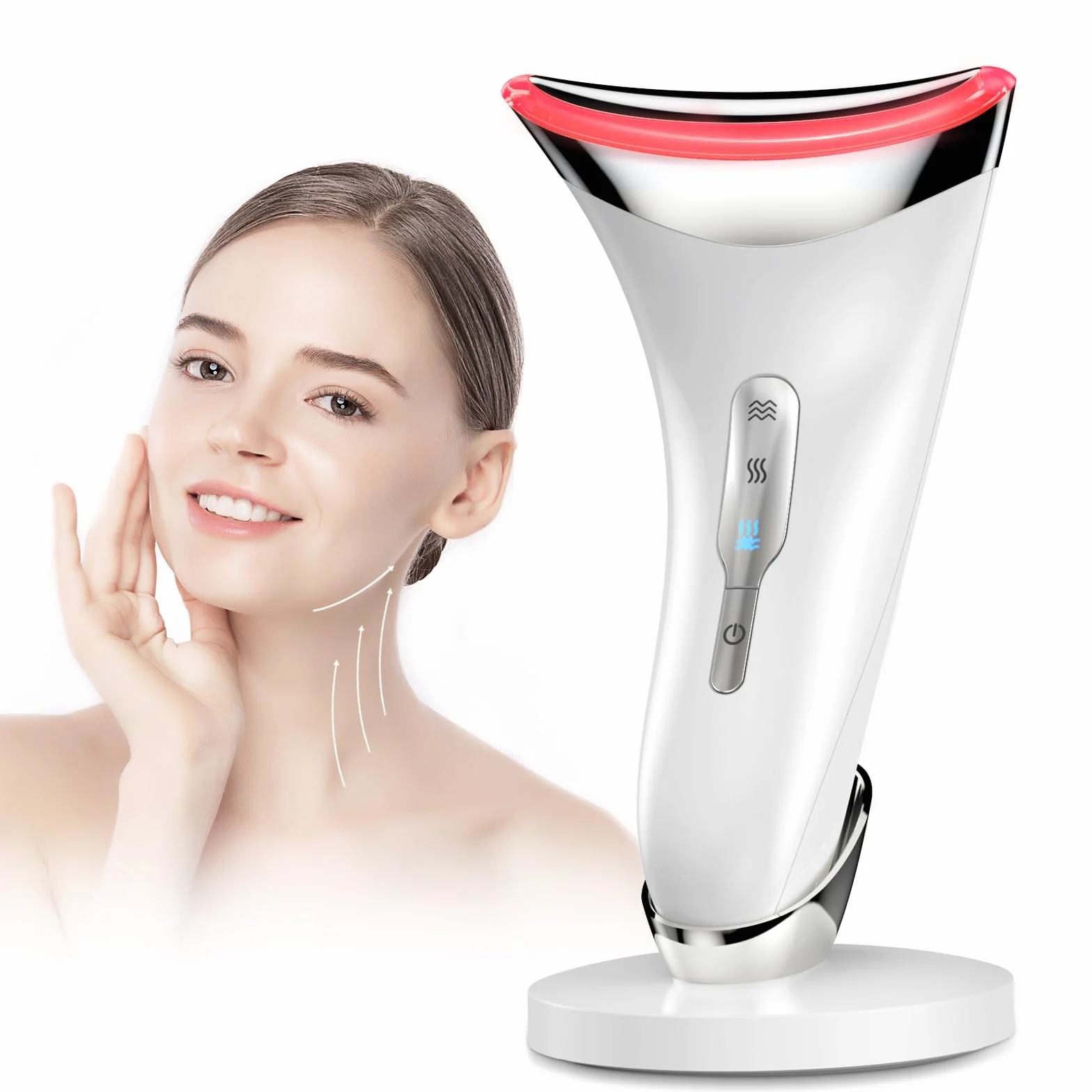 Masajeador Facial Eléctrico Antiarrugas Masaje: Dispositivo de Belleza con Calefacción a 45℃ - Aparato Facial LED 3 Colores Reductor de Papada para Mujer - Máquina EMS Lifting para Líneas del Cuello