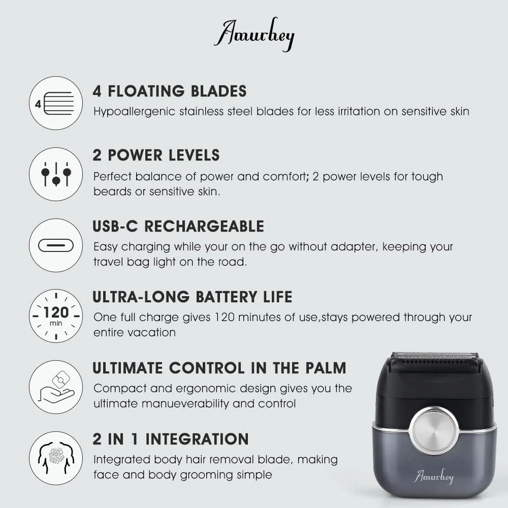 Mini Máquina de Afeitar Barba con Funda de viaje [2026 New] Afeitadora eléctrica íntima para hombre Húmedo y Seco, Afeitadoras eléctricas de láminas, 120 min de uso