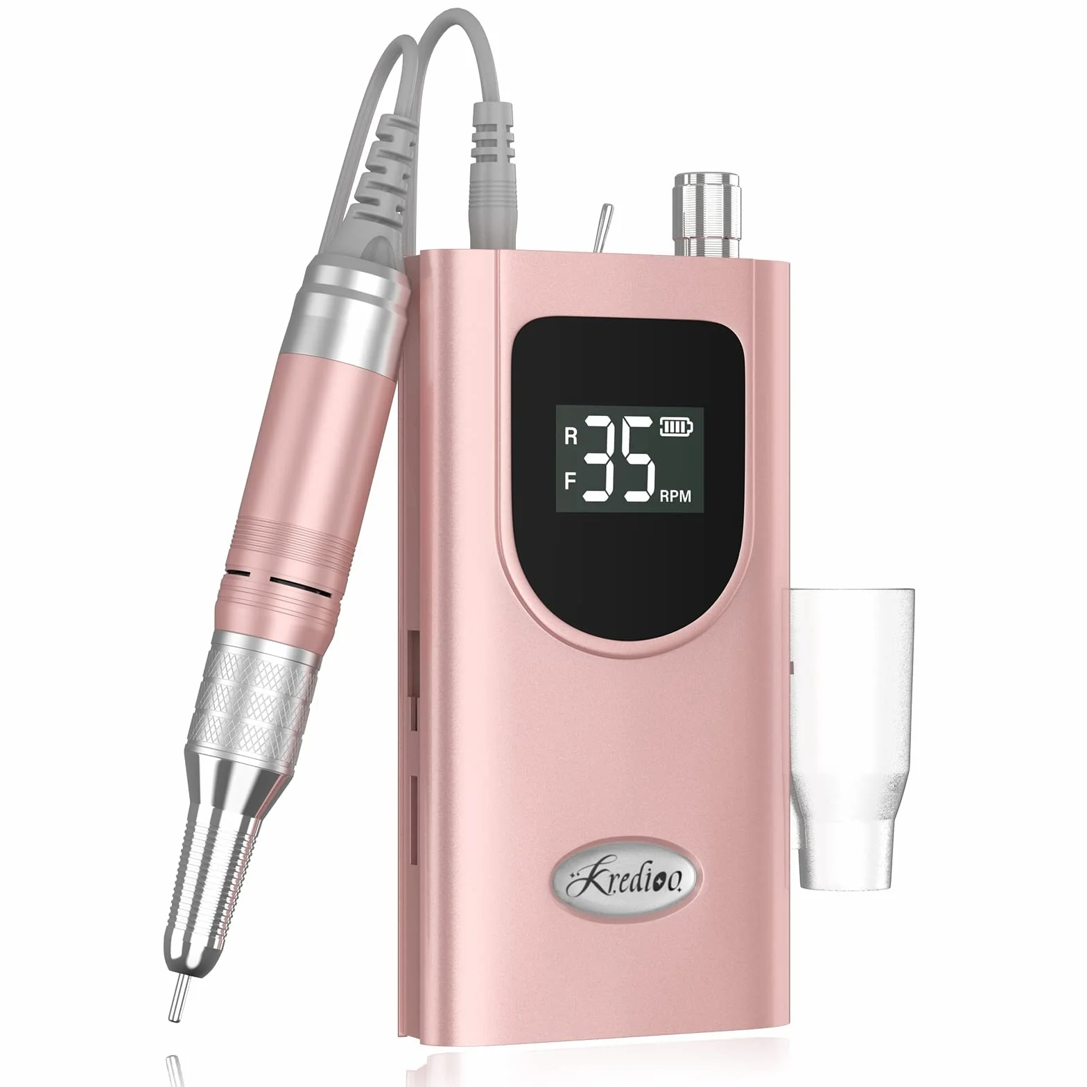 Kredioo Torno para Uñas Profesional 35000RPM Pórtatil＆Recargable 6 Brocas Lima Eléctrica de Manicura y Pedicura Pulidor Set Taladro de Clavo Eléctrico Limado Kit Set de Fresas LCD con Batería Rosa