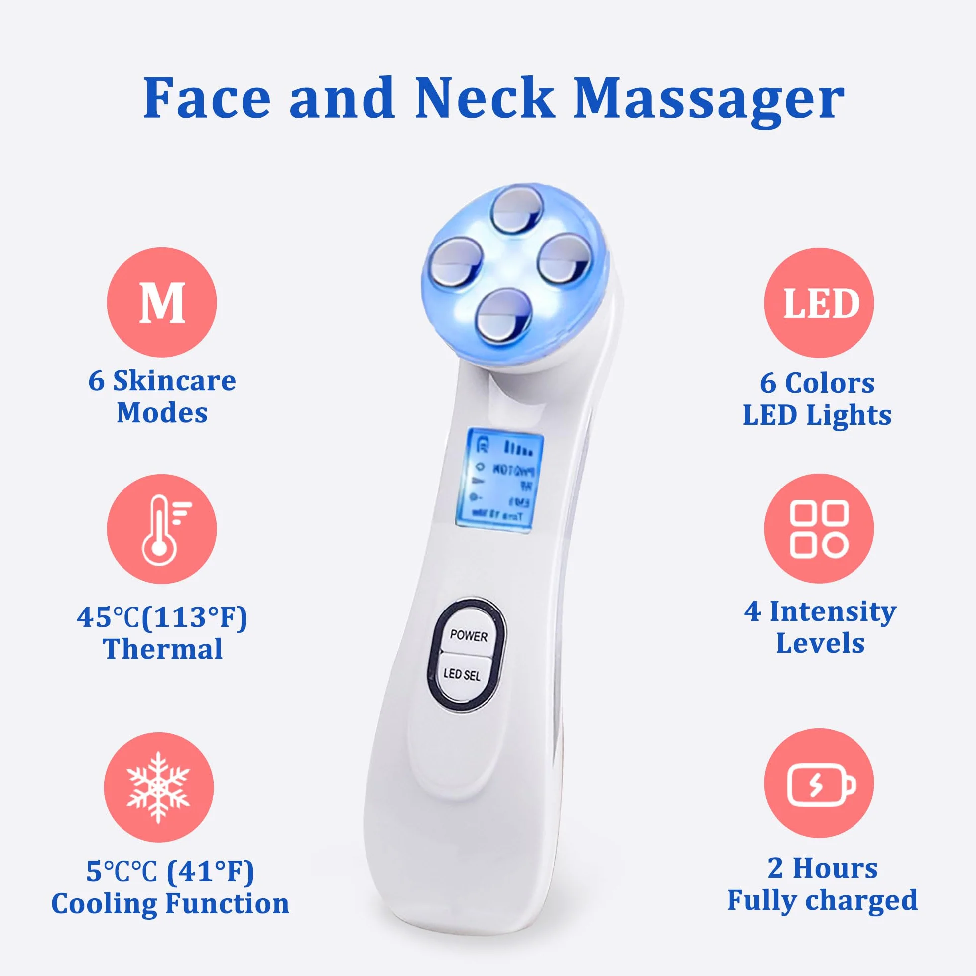 Facial Aparato Radiofrecuencia, Aparato Facial Ultrasonido, Frío Calor Roja y Azul para Antiarrugas, Limpieza Profunda, Rejuvenecimiento, Anti-envejecimiento, Anti-acné, Cuidado Facial