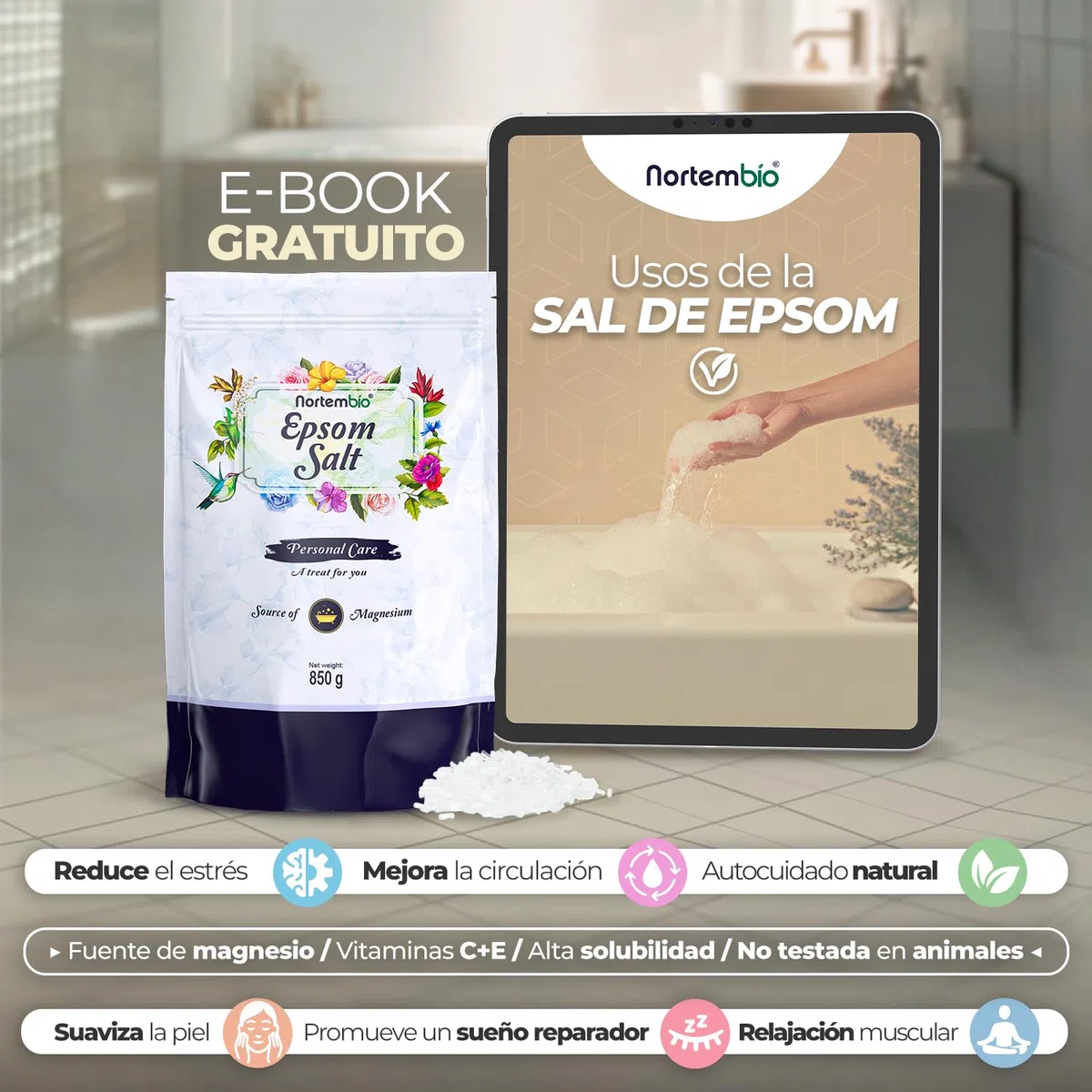 Nortembio Sal de Epsom (Sulfato de Magnesio) 180g – Sales de baño para Relajación Muscular y Recuperación – Sales de Epsom para pies – Piel Sensible y Exfoliación – 100% Natural + eBook Gratis