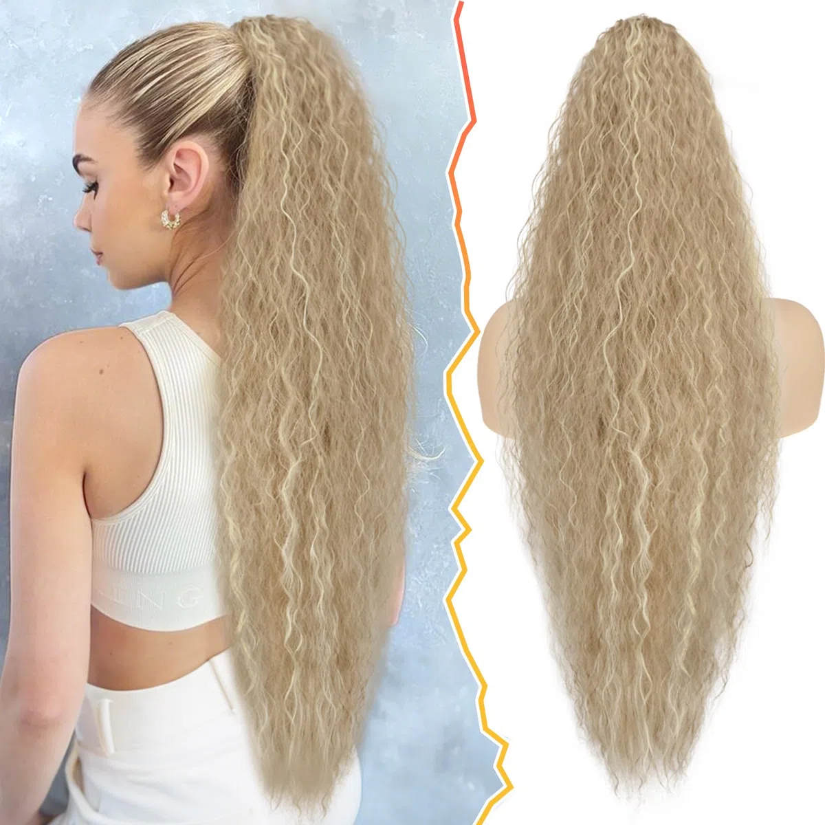 BARSDAR Coleta Postiza Pelo Natural con Cordón, 76cm Largo Cola de Caballo Extensiones Sintético Peine Clip in Extensiones Coleta Postizos para Mujer Bohemian Claro Ceniza Rubio Ponytail Extension