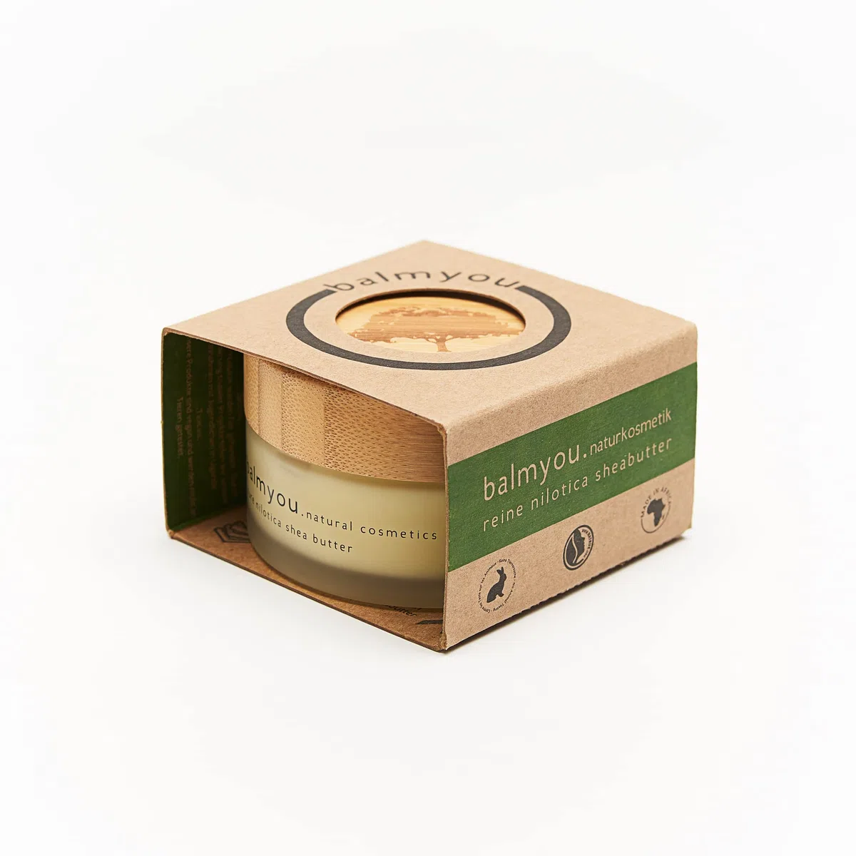 Manteca de karité nilótica pura de balmyou en tarro de cristal de 100 ml con tapa de bambú y certificación de cosmética natural de Uganda, sin refinar, prensada en frío, vegana y sin aditivos