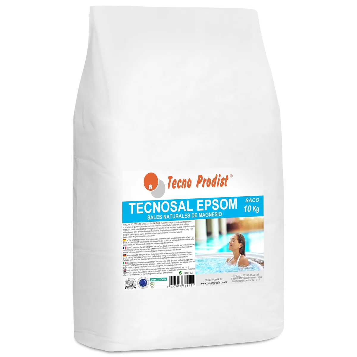 TECNOSAL EPSOM de TECNO PRODIST Sales de Epsom (SACO 10 Kg) Sal de baño, tratamiento corporal 100% natural, terapias flotación, baños de inmersión, piscinas