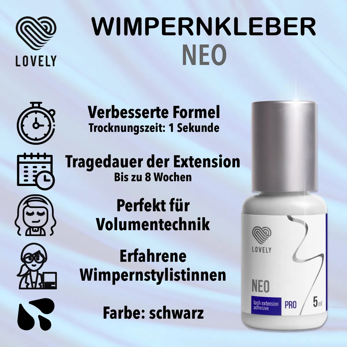 LOVELY NEO pegamento de pestañas, 5ml negro - pegamento liquido y rapido, tiempo de secado INMEDIATO - 8 semanas de adhesion - muy elastico, muy fuerte - para extensiones de pestañas profesionales