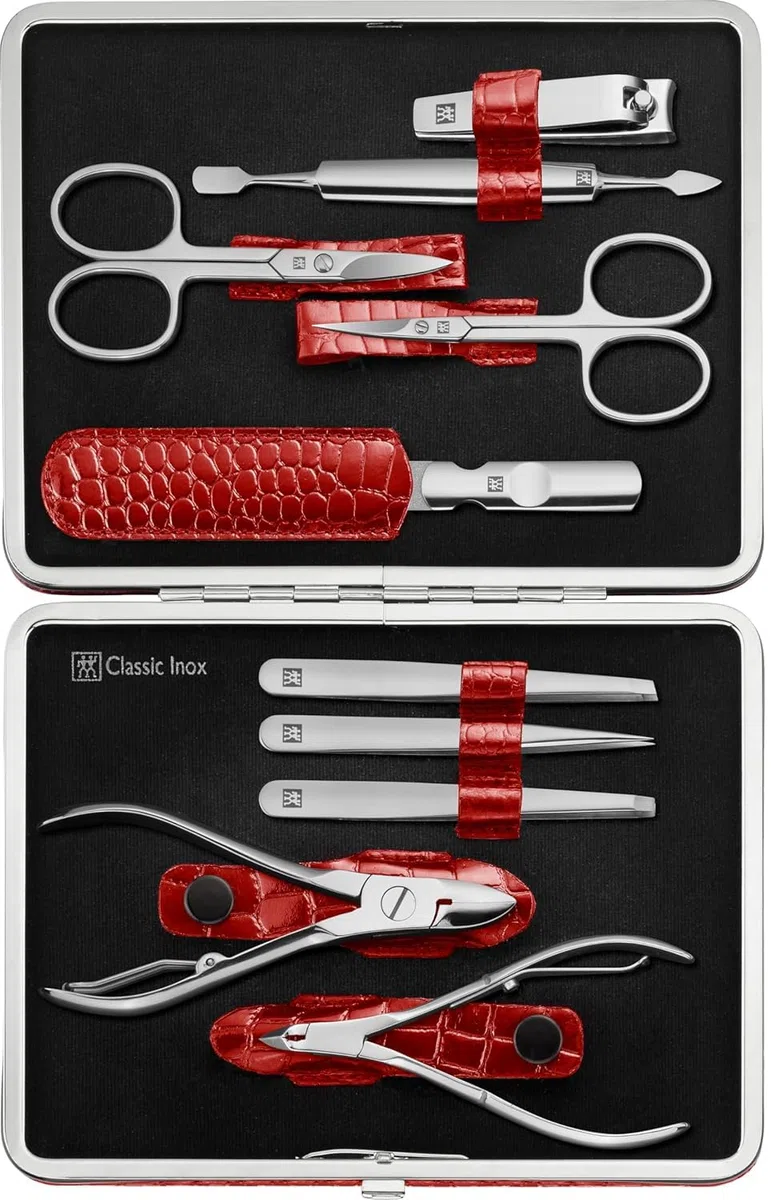 ZWILLING Set de manicura (10 piezas, set completo para uñas de manos y pies, estuche de piel auténtica con marco metálico), acero inoxidable pulido, edición cocodrilo, rojo