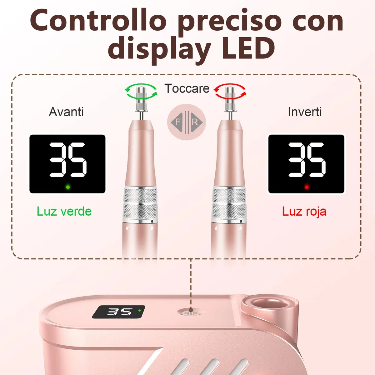 Torno para Uñas Profesional 35000 RPM, Pulidor Uñas, Lima Electrica, Nail Drill, Set Manicura y Pedicura Electrico, Kit 11 Fresas Brocas, LED Tátil, Quitar Acrílico Gel/Esmalte/Callos, Rosas