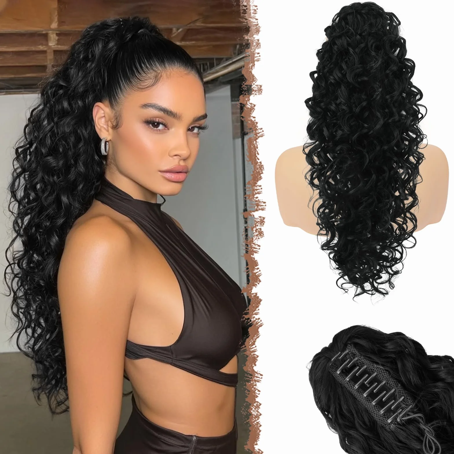 FESHFEN Coletas Postizas Rizado con Pinza - Coleta Postiza Pelo Negro Natural Ondulado Larga Ponytail Clip de Extensiones de Cabello Sintético Cola Postizos para Mujeres, 65 cm