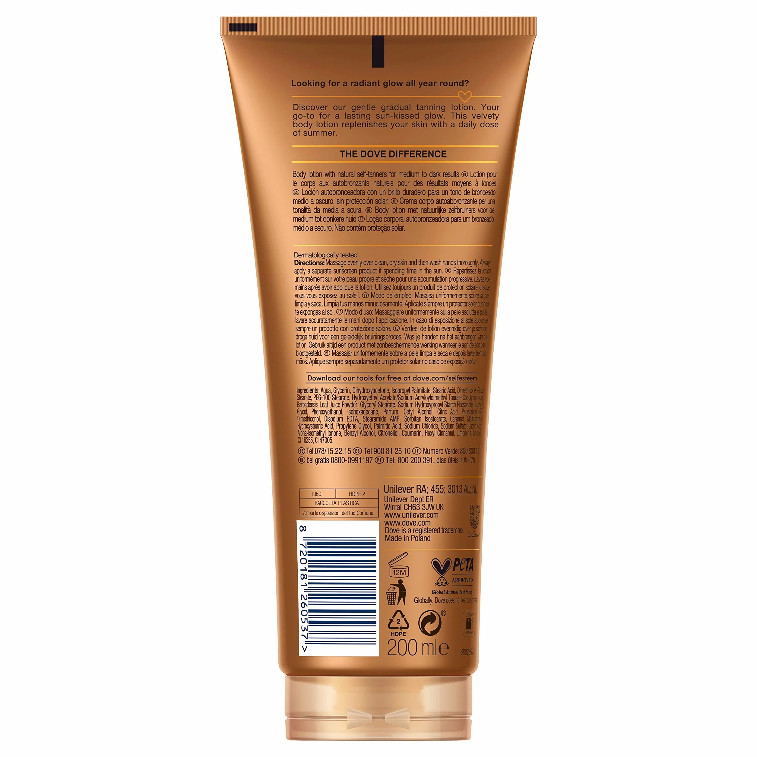 Dove Crema Hidratante Corporal Autobronceadora para Piel de Tono Medio a Oscuro 200ml - Pack de 6