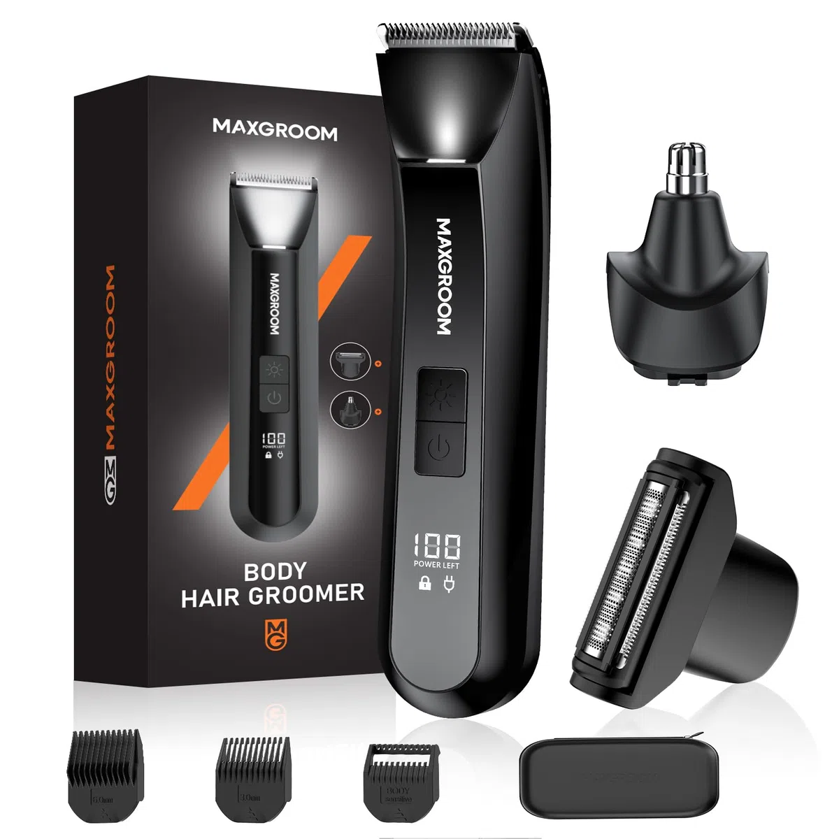 MAXGROOM Afeitadora Corporal Masculina 3 en 1, Depiladora Recargable con Luz LED Precisa, 100% Impermeable, Ideal para Barba, Axilas, Pecho, Piernas y Zonas Íntimas, Incluye Cortapelos Nasal, Negro