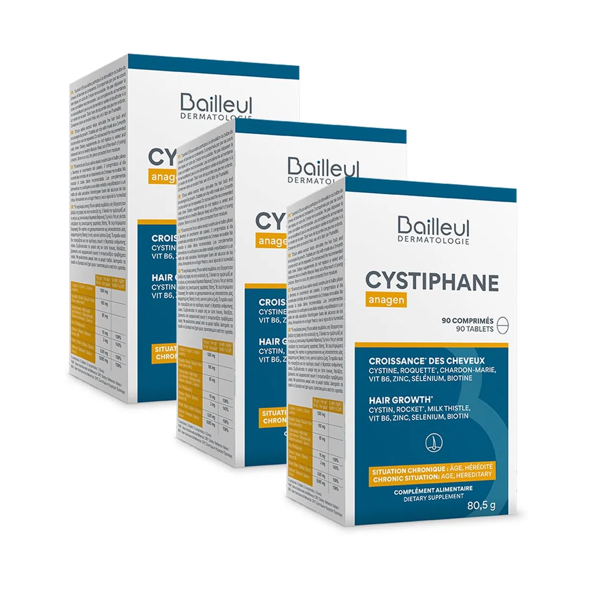 Bailleul | Cystiphane Anagen | Complemento alimenticio para el cabello | Favorece el crecimiento y la resistencia del cabello | Caída crónica del cabello | Cistina – Vitamina B6 | 3 x 90 comprimidos