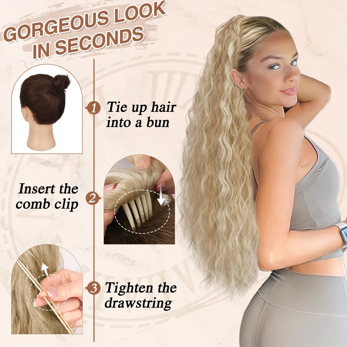 BARSDAR Coleta Postiza Pelo Natural con Cordón, 76cm Largo Cola de Caballo Extensiones Sintético Peine Clip in Extensiones Coleta Postizos para Mujer Bohemian Claro Ceniza Rubio Ponytail Extension