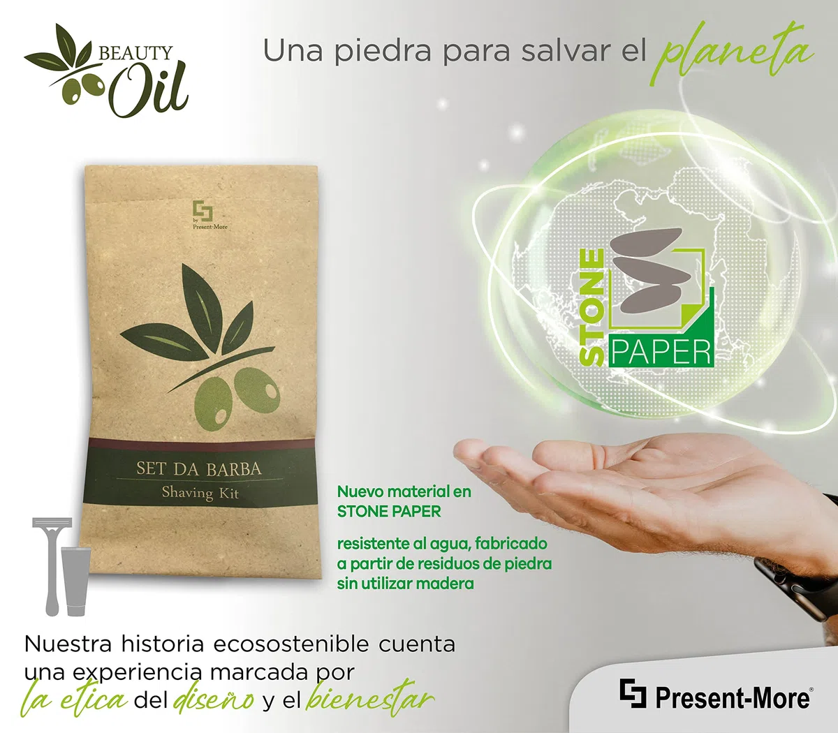 Present-More Kit barba Beauty Oil - Kit cuidado barba 250 unidades para Hoteles y B&B | Kit cuidado barba embolsado individualmente y envasado en material Stone Paper