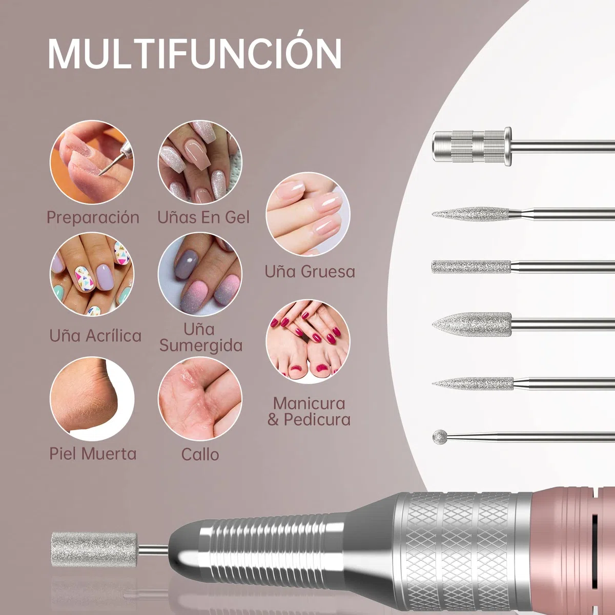 Kredioo Torno para Uñas Profesional 35000RPM Pórtatil＆Recargable 6 Brocas Lima Eléctrica de Manicura y Pedicura Pulidor Set Taladro de Clavo Eléctrico Limado Kit Set de Fresas LCD con Batería Rosa