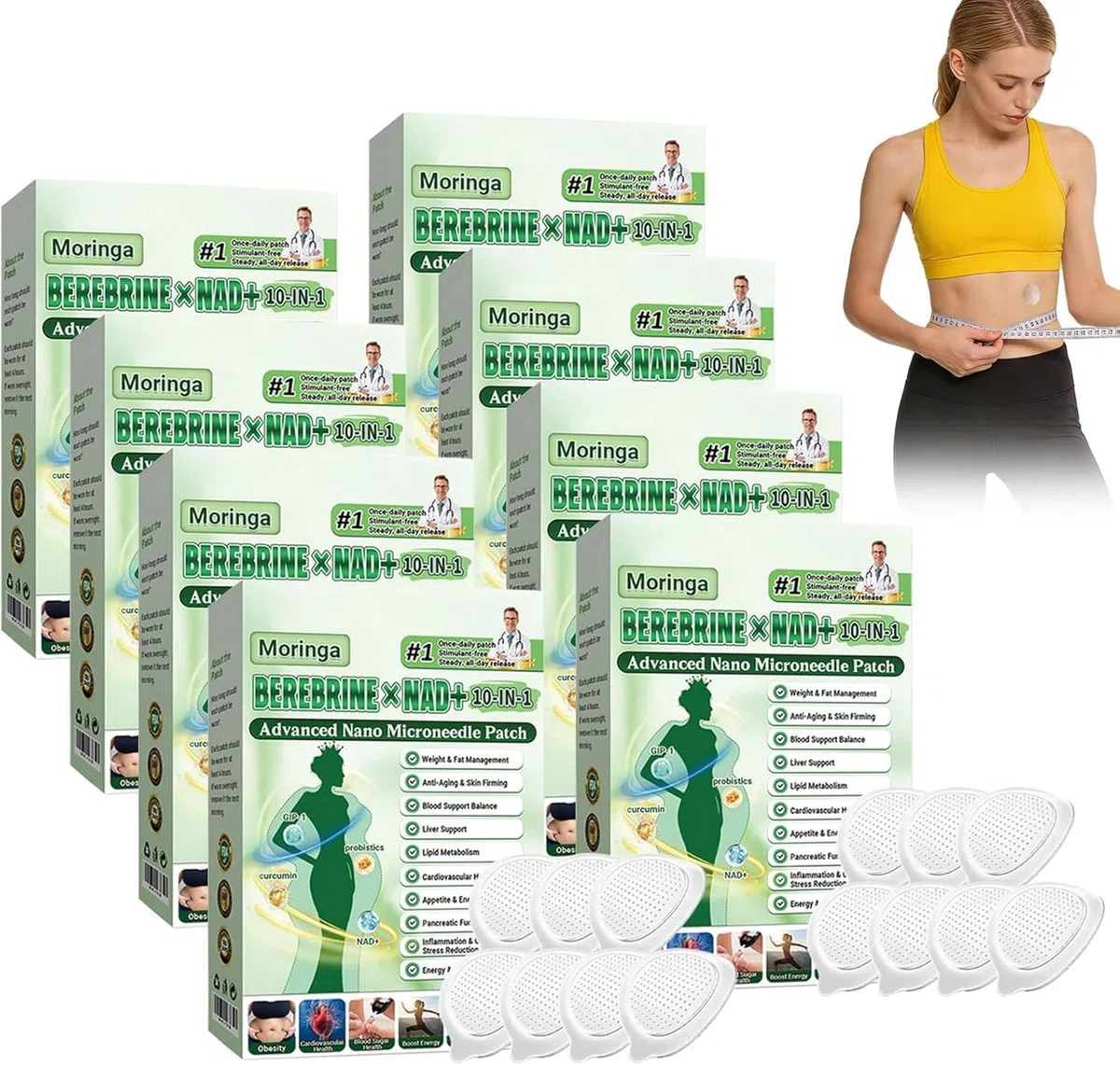 10 Cajas Moringa x Berberine Patch 10 en 1,Parche Avanzado de Nano Microagujas,Parche de Metabalance Profesional,Ingredientes Naturales,Fácil de Aplicar, para Hombres y Mujeres (8 Cajas)