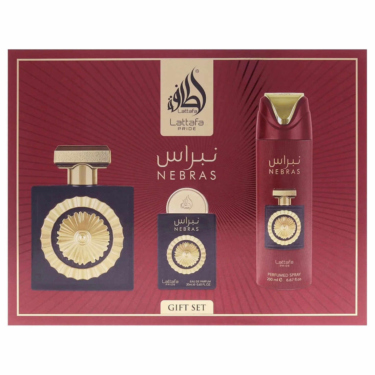 Lattafa Pride Nebras - Set de regalo de lujo para mujeres y hombres, frambuesa, cacao oscuro y vainilla, aroma largo y calmante