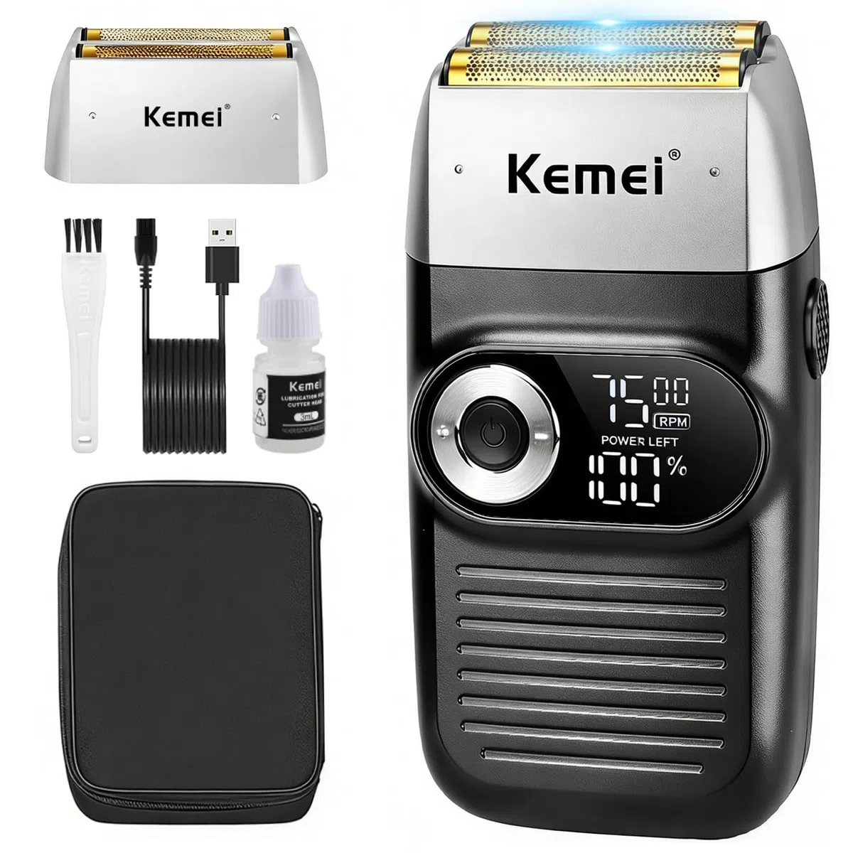 Maquina de Afeitar para Hombre KEMEI, Shaver Barberia Eléctrica con Recortadora, Afeitadora Inalámbrica con Lámina de Titanio y Maleta, KM-2026