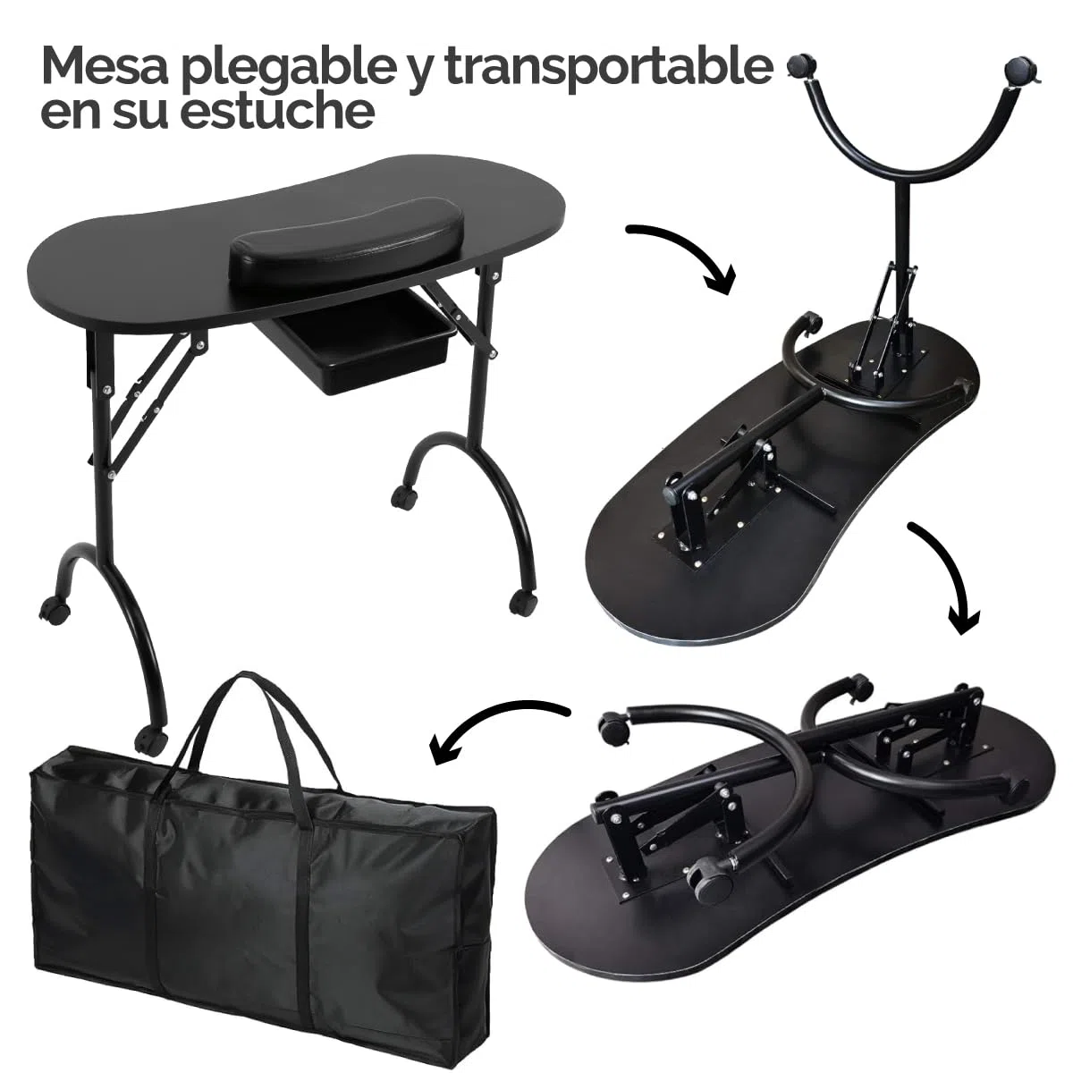 Vivezen - Mesa de manicura Profesional Plegable con cajón, Ruedas y maletín de Transporte - Negro