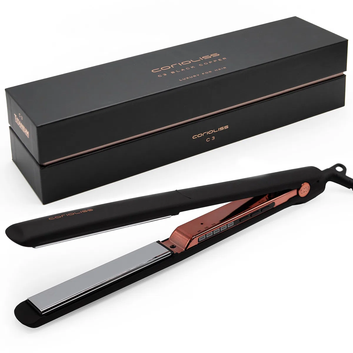 Corioliss C3 | Plancha del pelo Profesional | Placas extralargas de titanio | Alisado y Ondas | Temperatura ajustable 135º-235º | Calentamiento 20 seg | Con funda de Viaje | Black Copper